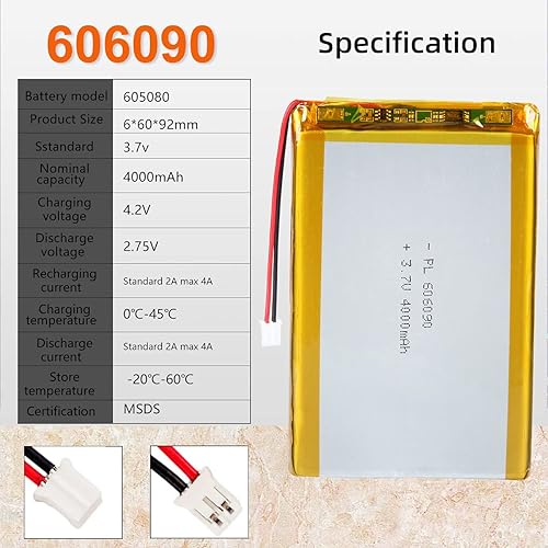 Miniatura 4 de AKZYTUE 3.7V 4000mAh 606090 Lipo batería recargable de polímero de litio ion batería con conector PH2.0.000 in JST