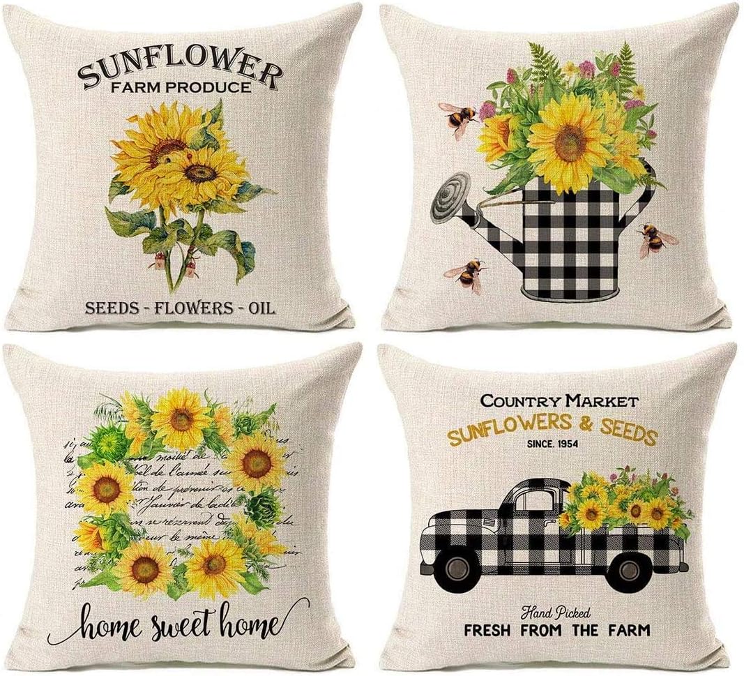 Kithomer Set of 4 Sunflower Decorative Throw Pillow Cover 20''x20'' Farm Market Farmhouse Decorative Pillow Case Cotton Linen Cushion Cover for Sofa Home Decor