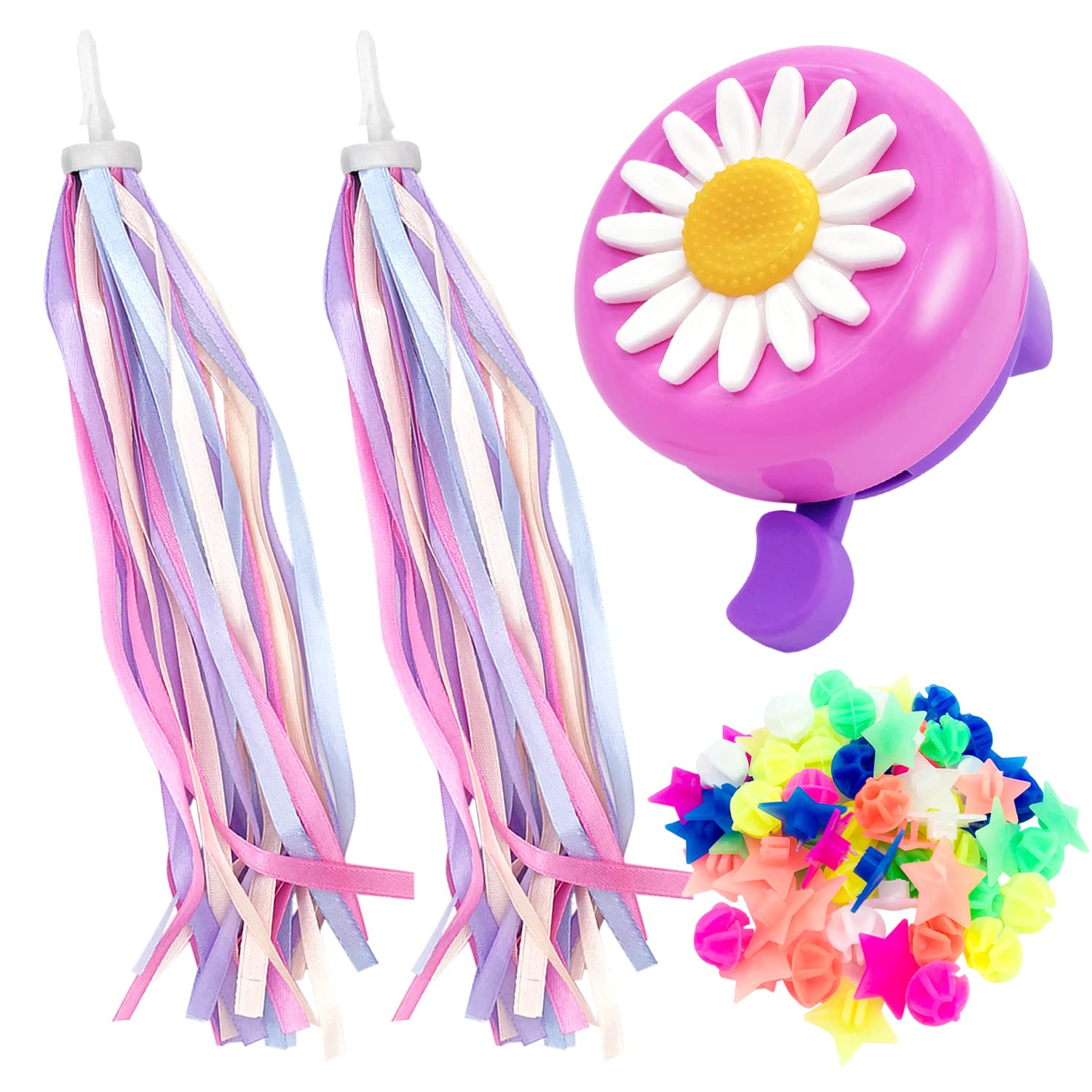 Bike Wheel Spokes Beads + Kid Bike Bell + Kids Bike Streamers, Spoke Plastic Clip Round Decor Beads, Flower Bicycle Bell, Colorful Bike Handlebar Ribbons Tassel for Girls Boys Scooter Colorful, Pink, Purple, Sun flower Pattern 75