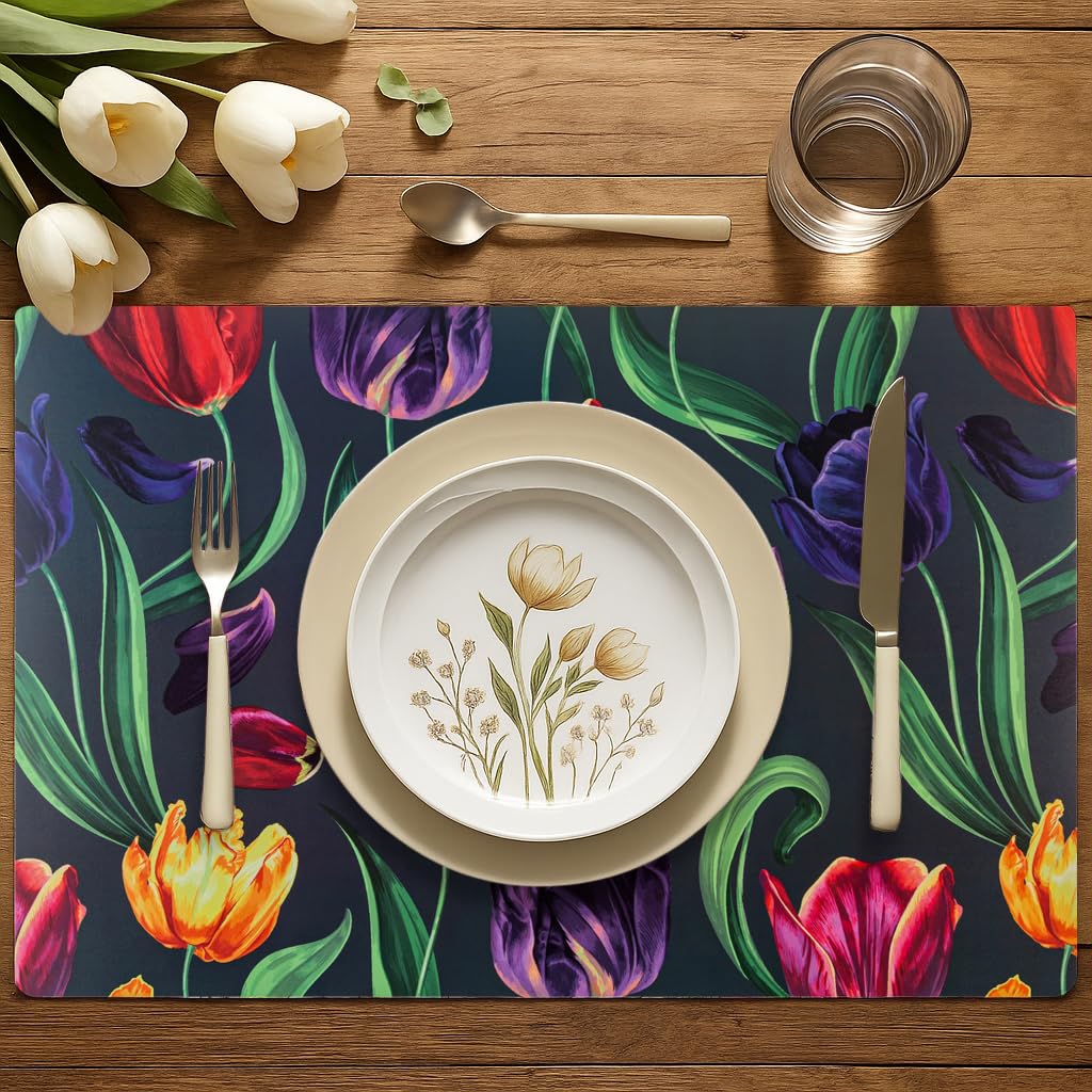Platzdeckchen-Set, strapazierfähig, gewebtes Vinyl, für drinnen und draußen, hitzebeständig, waschbar, abwischbar, Küchen- und Terrassenwäsche, quadratische Tischsets, Tullip