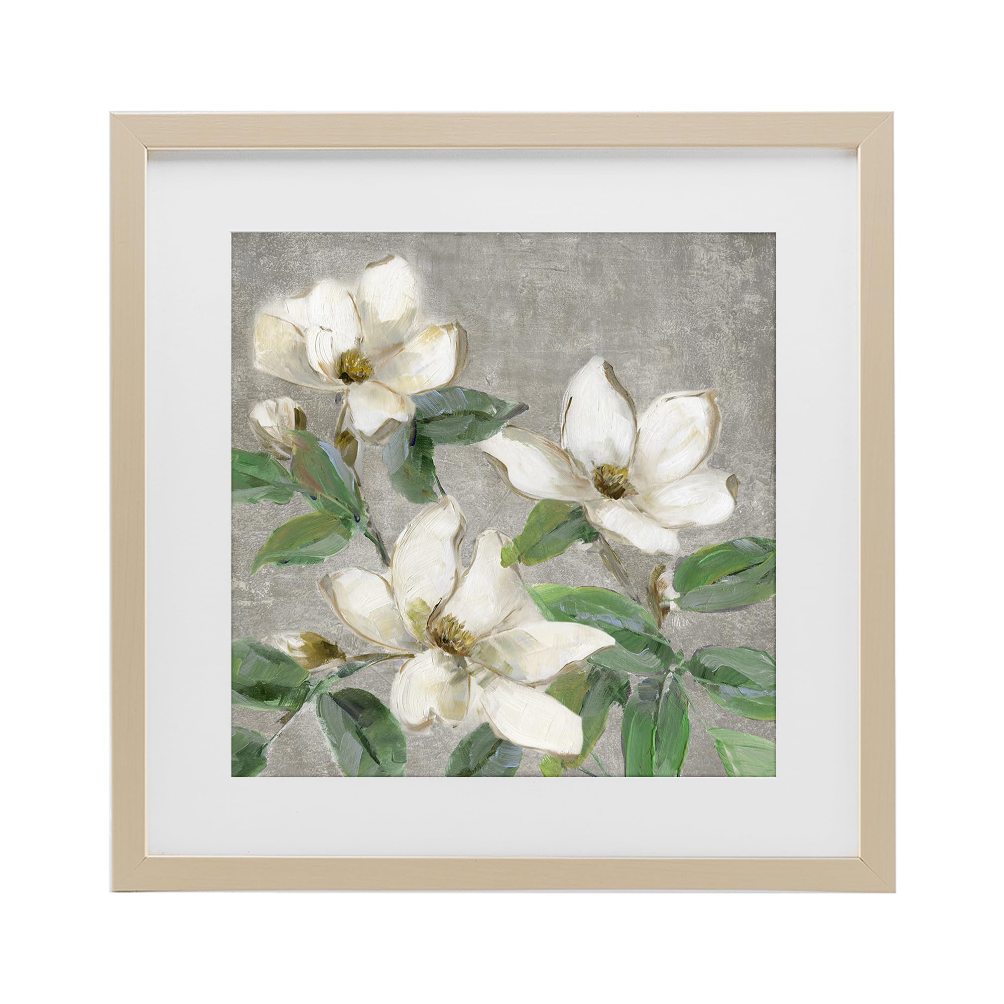 Stupell Industries Harvest Pine (Textured) 'Ivory Magnolias On Grey'| Framed Print Under Glass