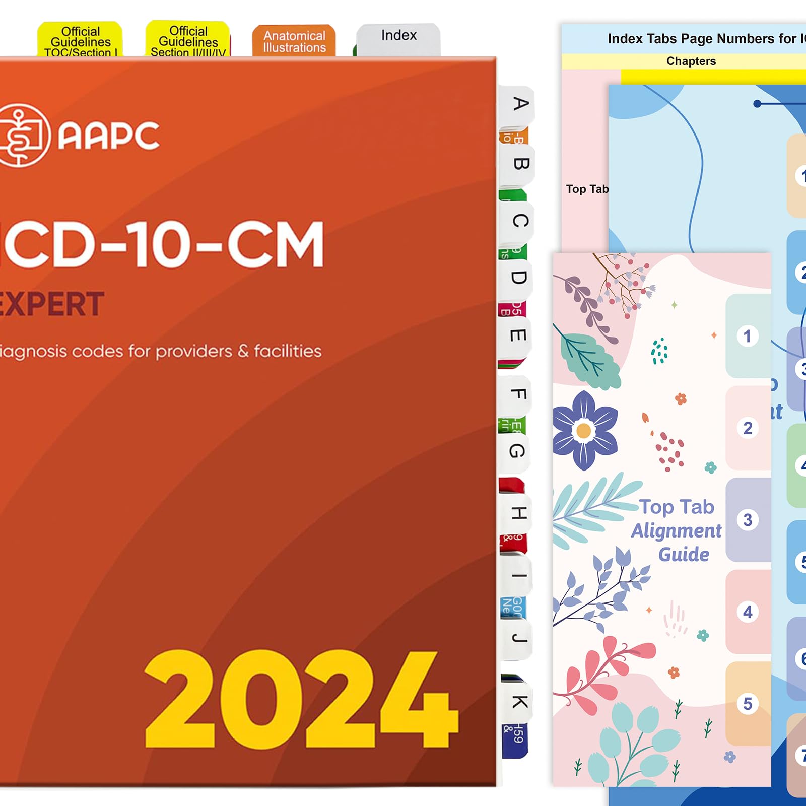Tojoyify Index Tabs for ICD-10-CM 2024 AAPC Version, Complete Book Tabs Set with Blanks, Bookmarker, Laminated Color-Coded with Alignment Guide & Page Numbers (Book Not Included)