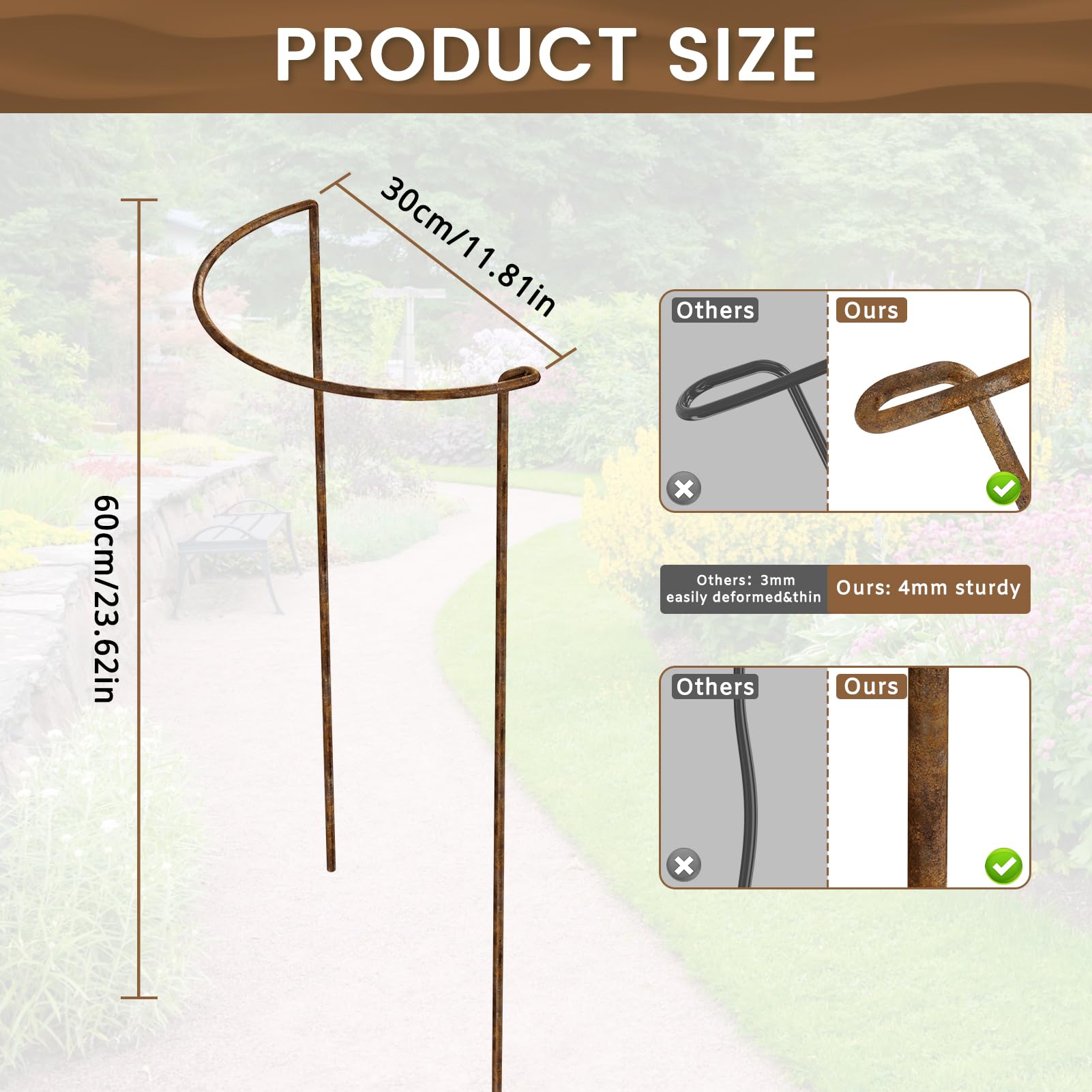 LyTaispuly 8 Stück 60 cm hohe Pflanzenstützpfähle, Starkes Metall, halbrund, Gartenstützen, Rostschleife, Ringkäfig mit 4 selbstbewässernden Spikes für Pfingstrose, Monstera (60 cm/8 Stück)