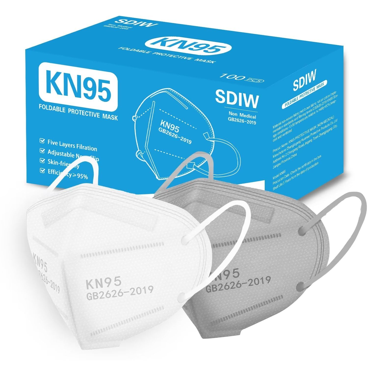 100PCS KN95 Face Masks,5-Ply Breathable Cup Dust Masks(White,Grey)