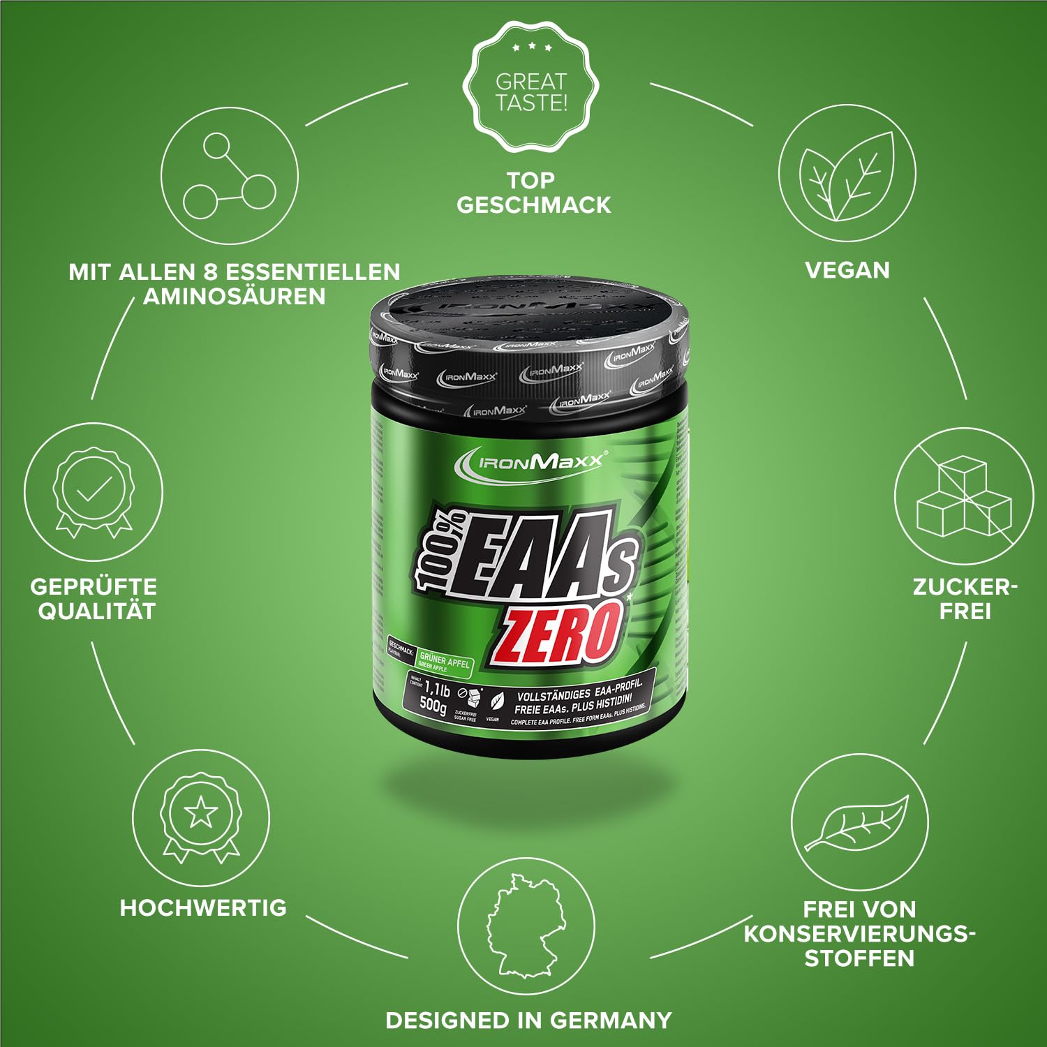 IronMaxx 100% EAAs Apple 500g - EAAs Pulver hochdosiert, Vegan und zuckerfrei, 8 essentielle Aminosäuren zur Ergänzung deiner Sporternährung