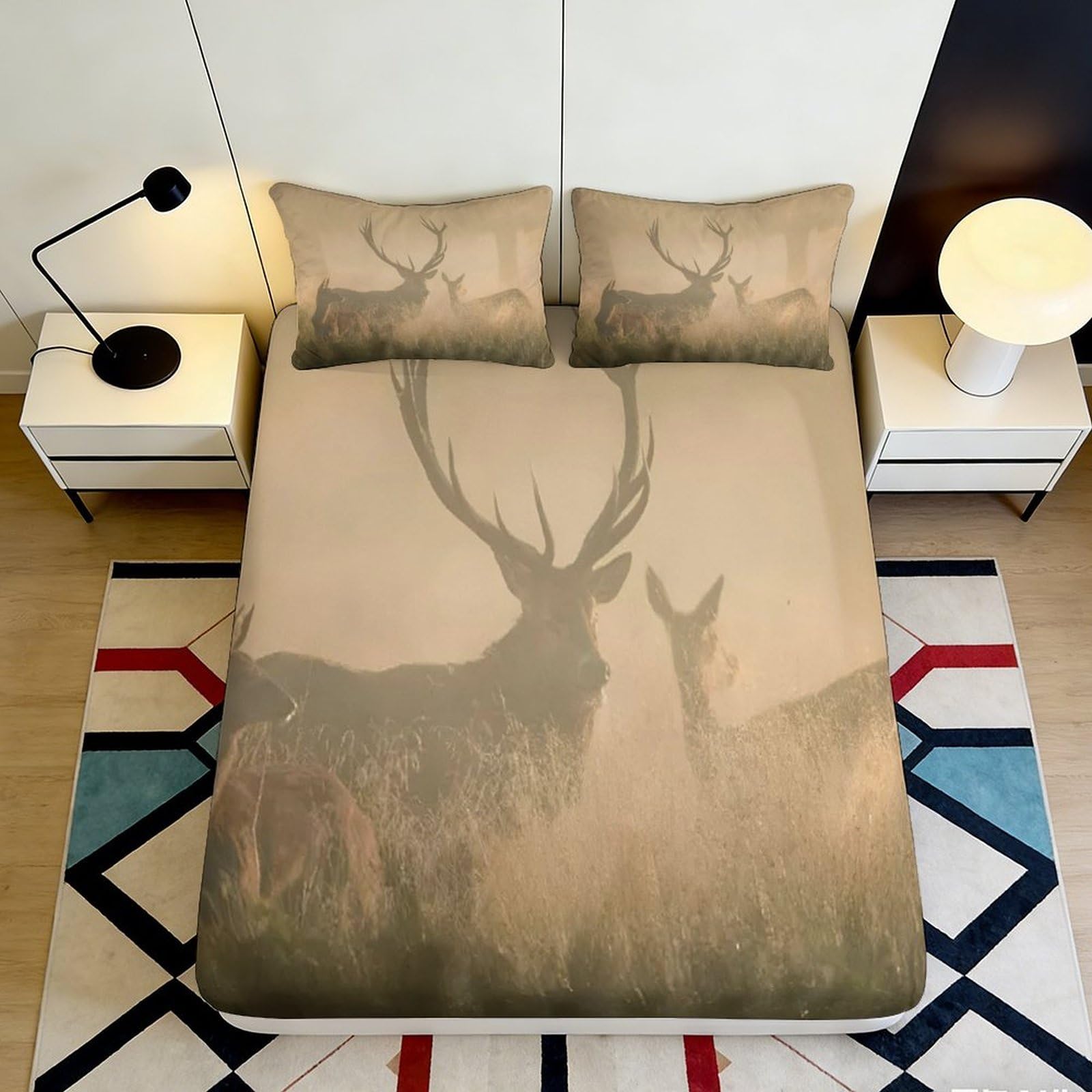 3D Printed Forest Deer Fitted Sheet Microfiber Soft Breathable Misty Woodland Bed Cover for Bedroom Decor 90x200x25cm