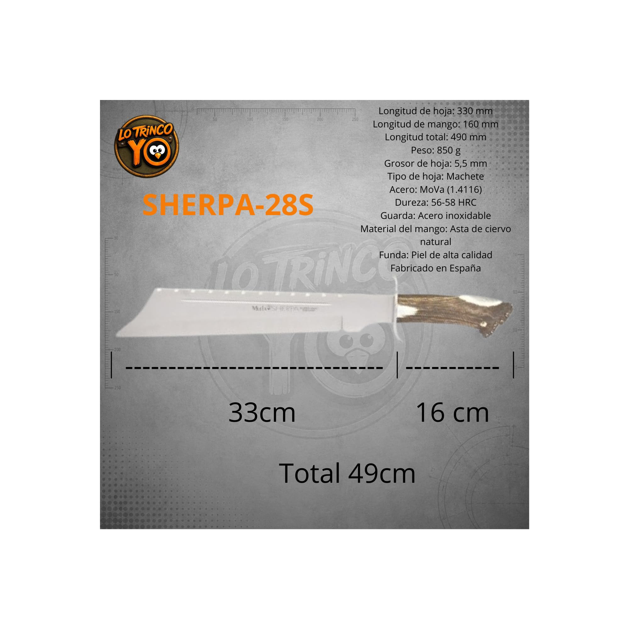 Muela SHERPA-28S Cuchillo Caza.Hoja fija 33cm. Acero MoVa y Mango Asta Ciervo y roseta. Fabricado en España | Ideal para Caza, Montería,Rececho, Pesca,Supervivencia, Outdoor y Bushcraft | LO TRINCO YO