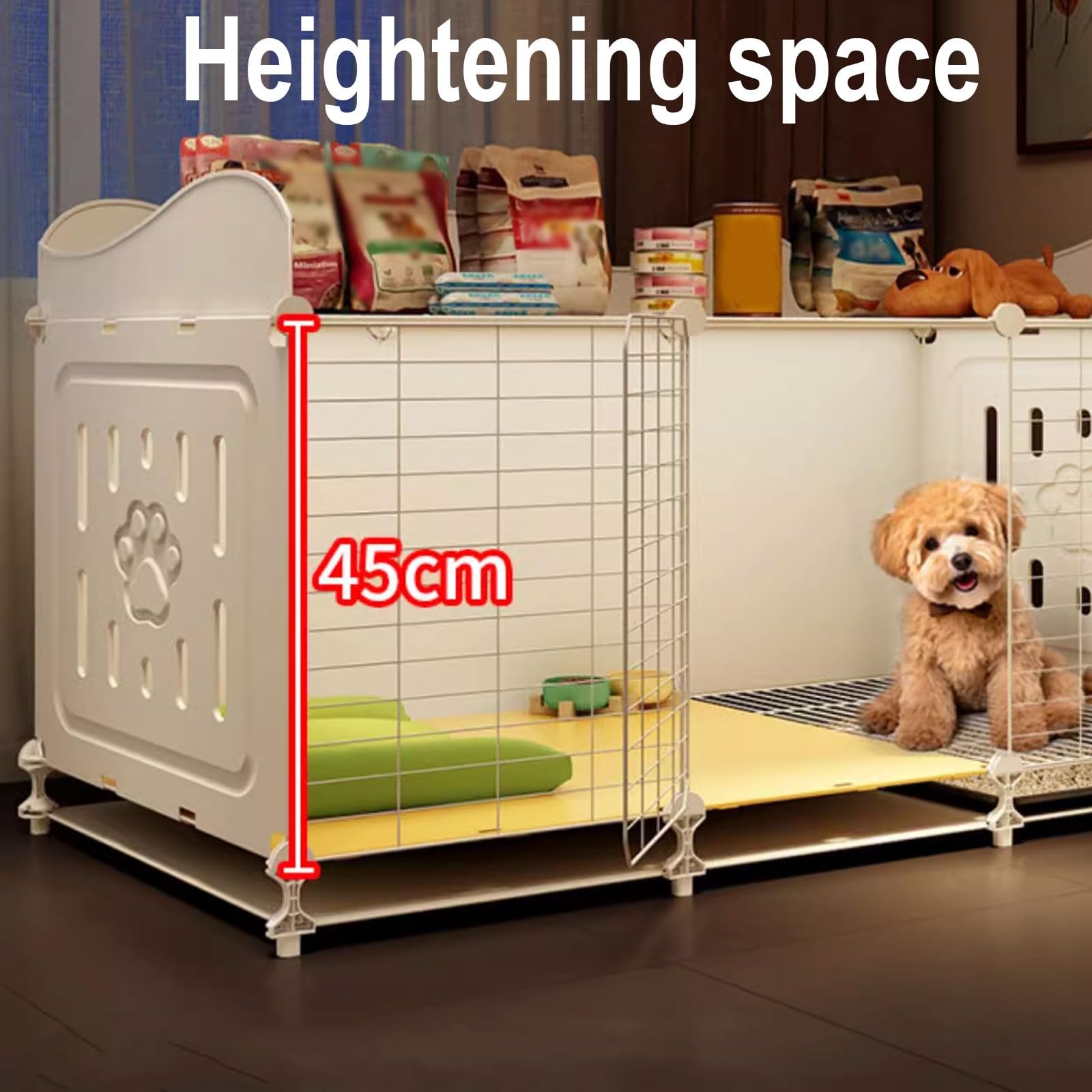 Jaula-Valla para Perros en Casa 70-105x45x61cm | con Puerta Bloqueable, Almacenamiento Superior + Zona Sanitaria | Instalación Sin Taladro, Estructura PP y Hierro(105 * 45 * 61CM)