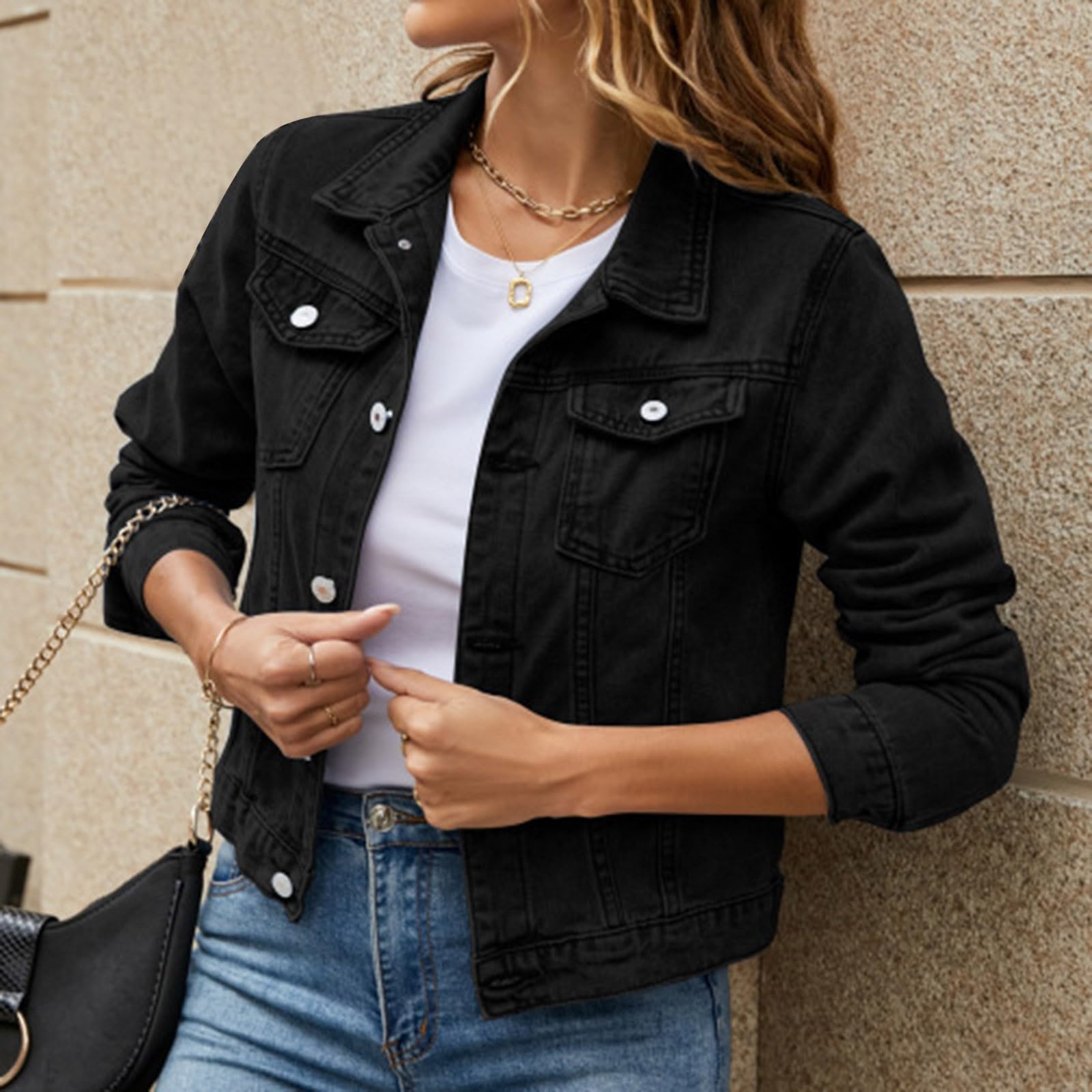 Veste en jean basique en coton denim uni avec poches à boutons pour femme