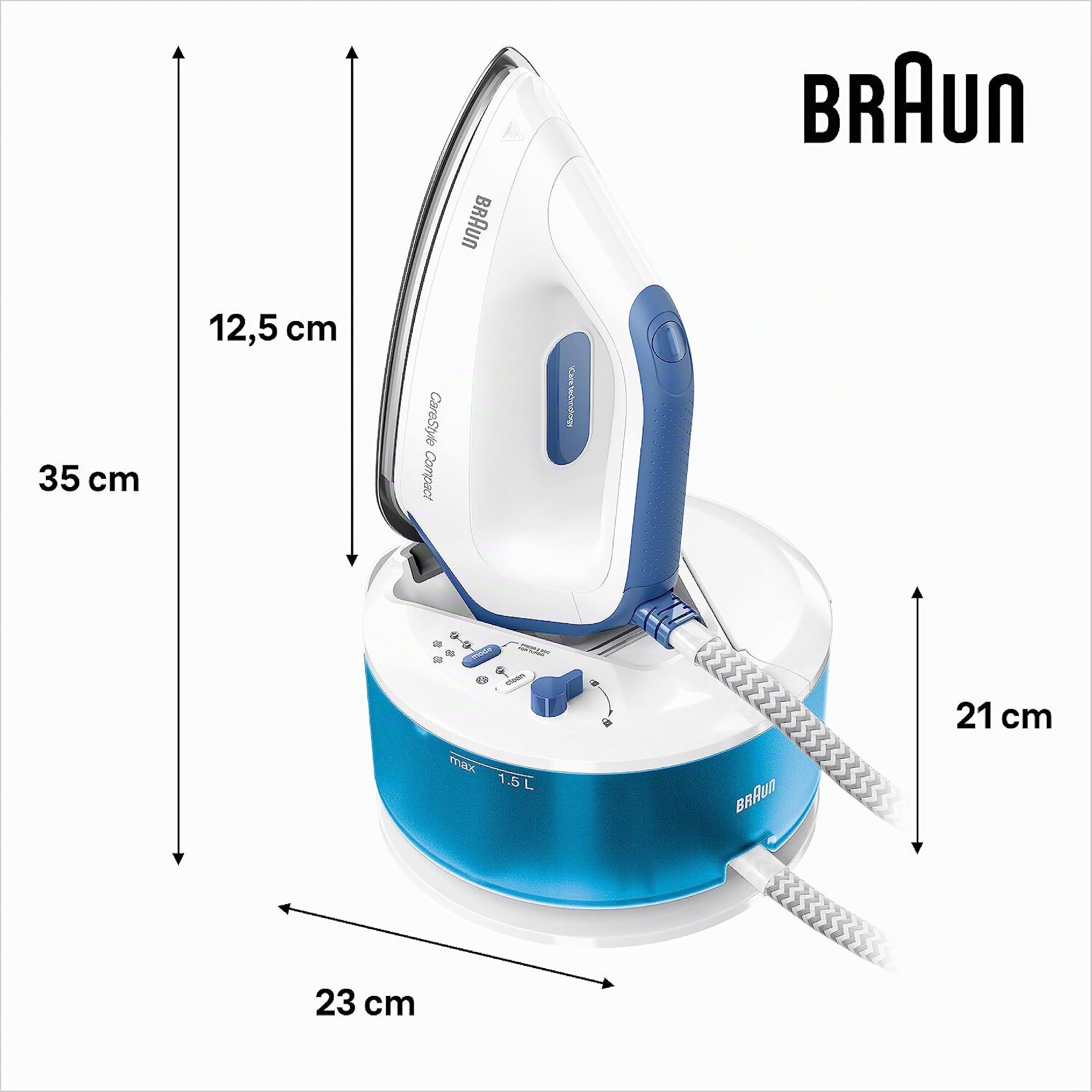 Braun CareStyle Compact - Centrale Vapeur Compacte avec Chaudière, Fer à Repasser Vapeur Puissant, Semelle EloxalPlus FreeGlide 3D, Débit Vapeur Jusqu’à 420g/min, Réservoir 1,5L, Blanc/Bleu (IS2143BL)