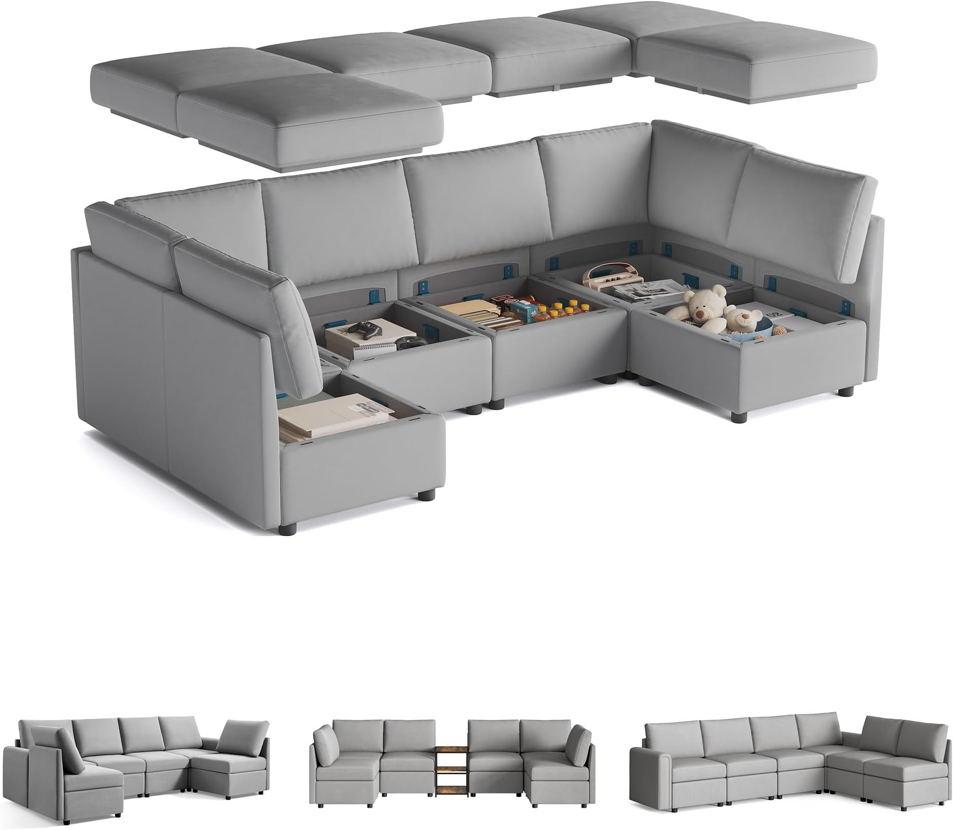 LINSY HOME Modular Sectional Sofa with Storage Seats, Convertible U Shaped 6 Seat Sofa Couch, Modular Sectionals with Chaise and Reamovable Covers, Oversized Memory Foam Couch for Living Room, Grey