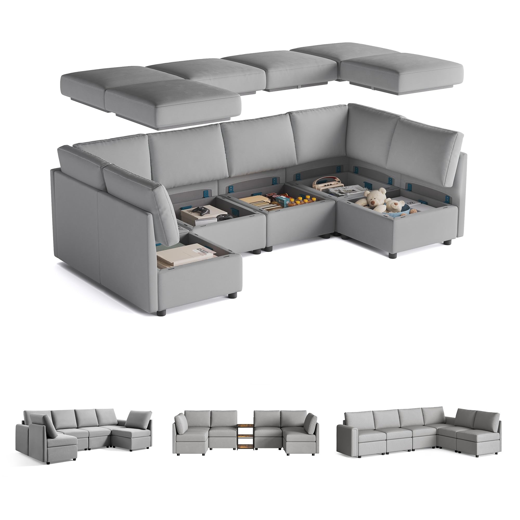 LINSY HOME Modular Sectional Sofa with Storage Seats, Convertible U Shaped 6 Seat Sofa Couch, Modular Sectionals with Chaise and Reamovable Covers, Oversized Memory Foam Couch for Living Room, Grey