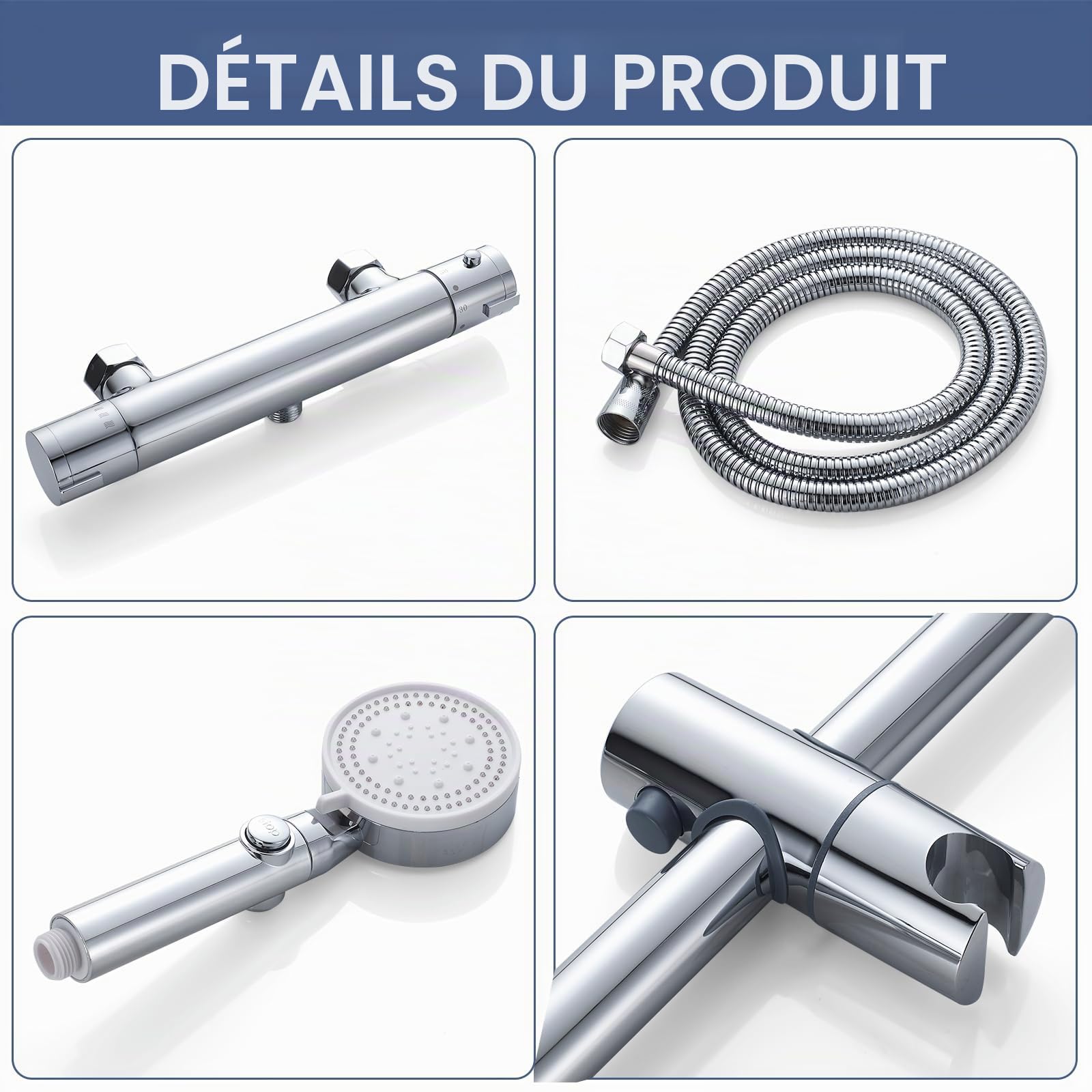 Mitigeur Thermostatique Douche Laiton, Ensemble Douche Barre 635mm, 5 Jets | Corps en Laiton, Barre Inox 304, Sécurité 38°C Anti-Brûlure, Douchette Réglable en Hauteur, Flexible 1.5m,Raccord G1/2,Chromé