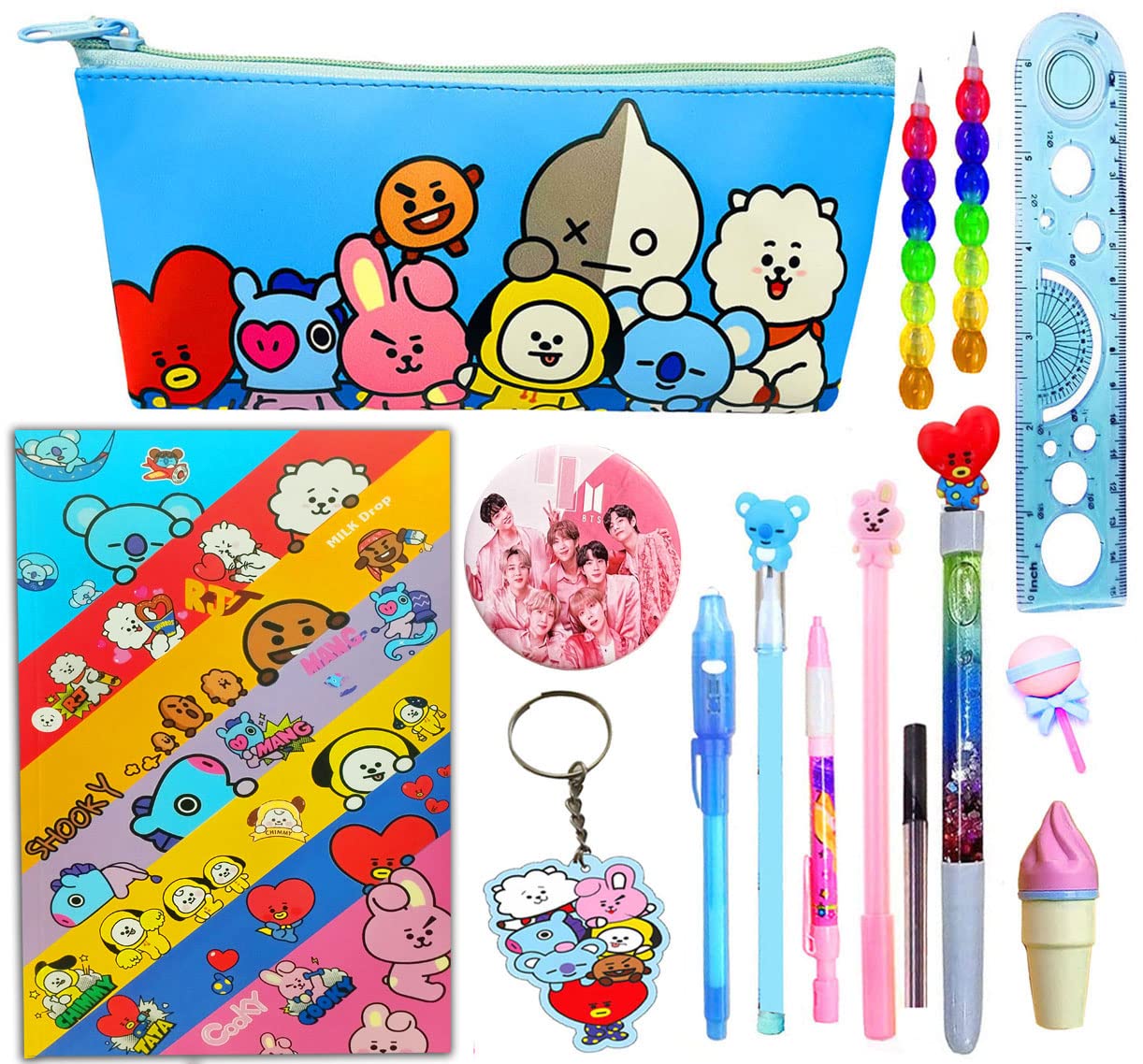 KOBBET® 15pcs BT-21 Theme School Stationery Gift Set for Kids, BTS Army Theme Pencil Case, Diary, Pen, Pencil, Eraser, Scale All Stationery Return Gift, Birthday Gift, Christmas Gift, New Year Gift (B0BNQPGS68) Amazon Price History, Amazon Price Tracker