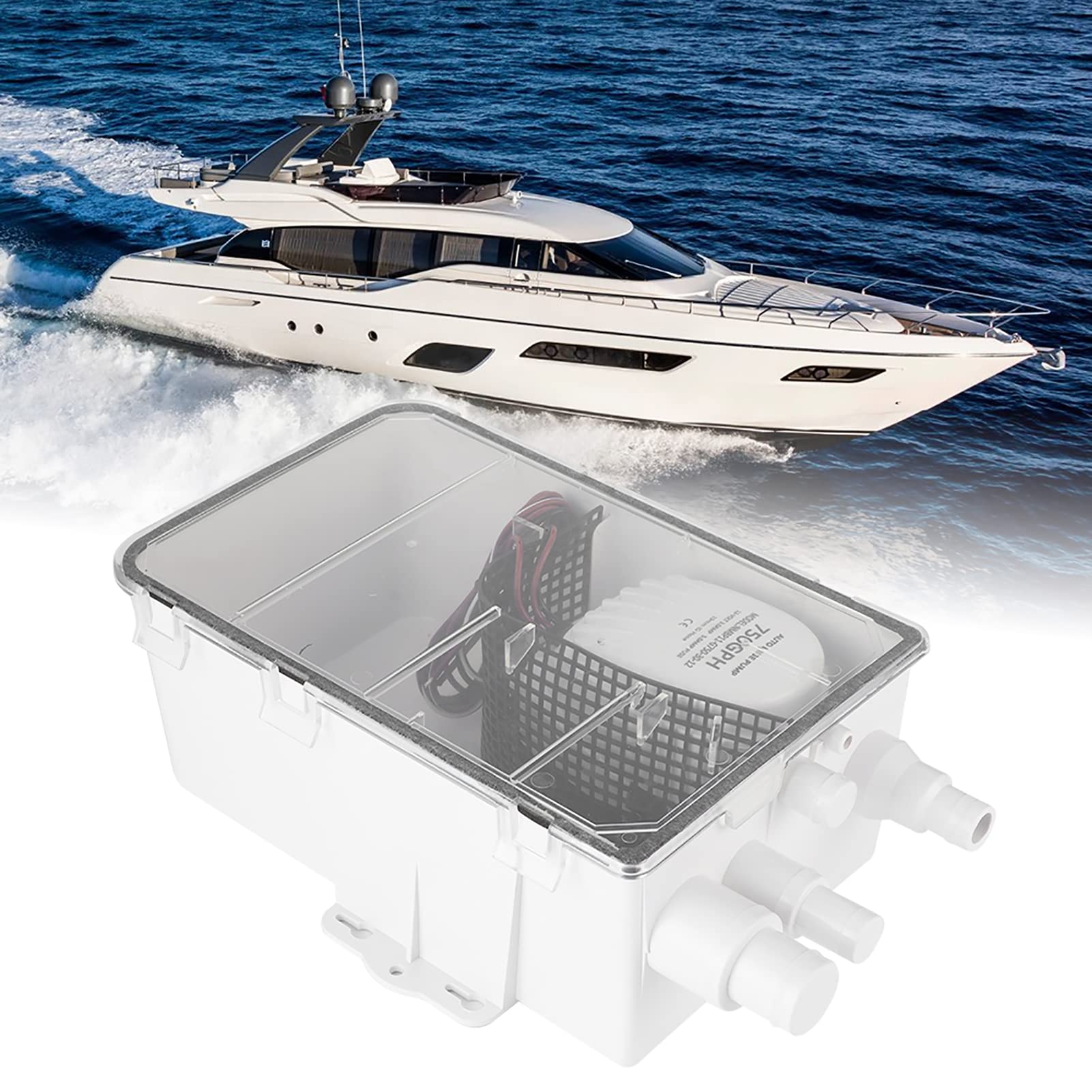 KIMISS DC 12V/24V 750 GPH Pompa della Coppa Doccia con Interruttore Automatico Bilge Drain Box Multi Ingresso per Yacht in Barca Marina G750-01 (12V)
