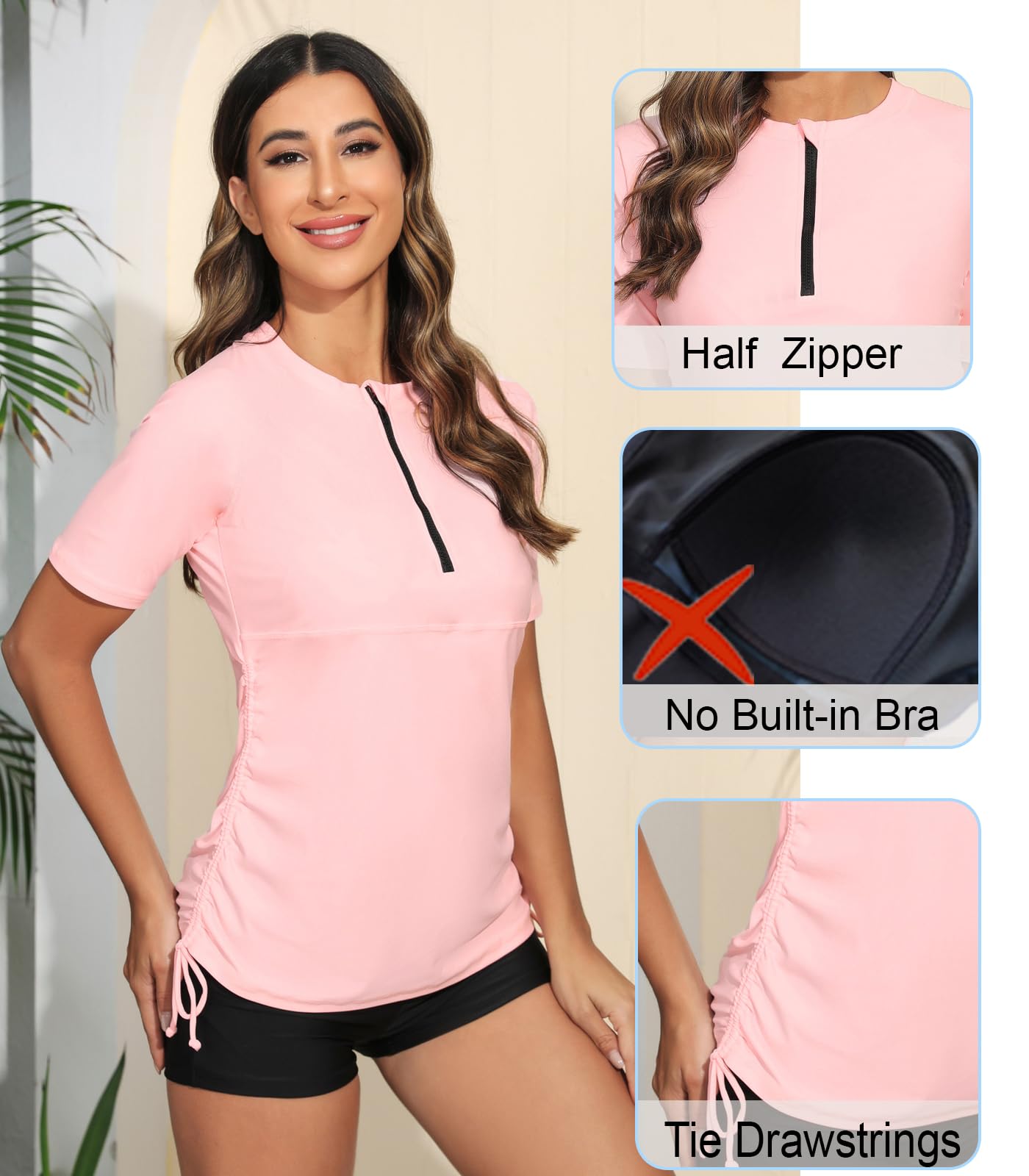 Halcurt Camiseta de manga corta con cremallera para mujer, con fruncido UPF 50, para mujer, Rosado y gris, Medium