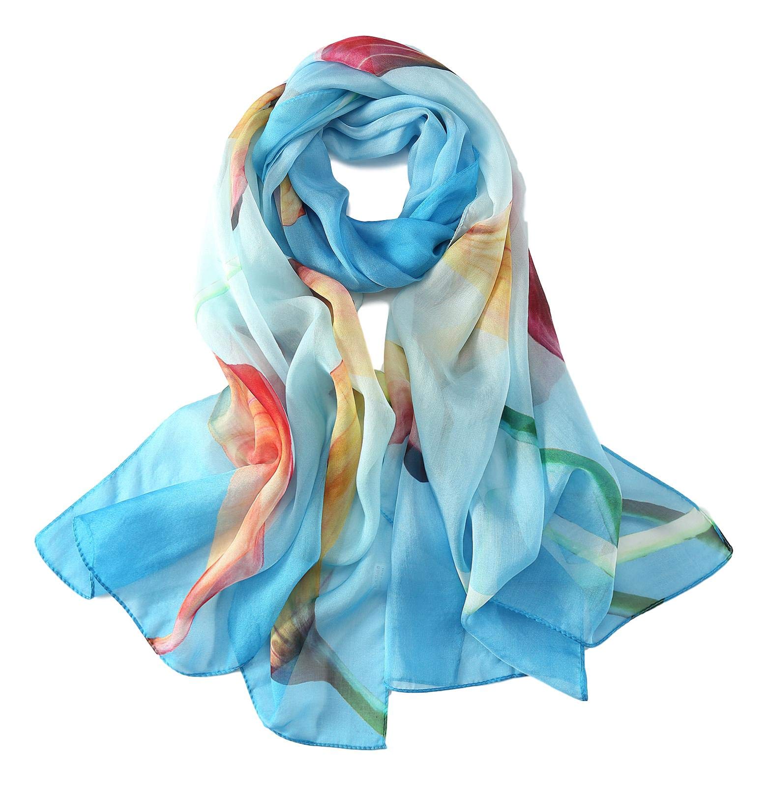 JWSilk Bufanda larga de gasa de seda con estampado floral