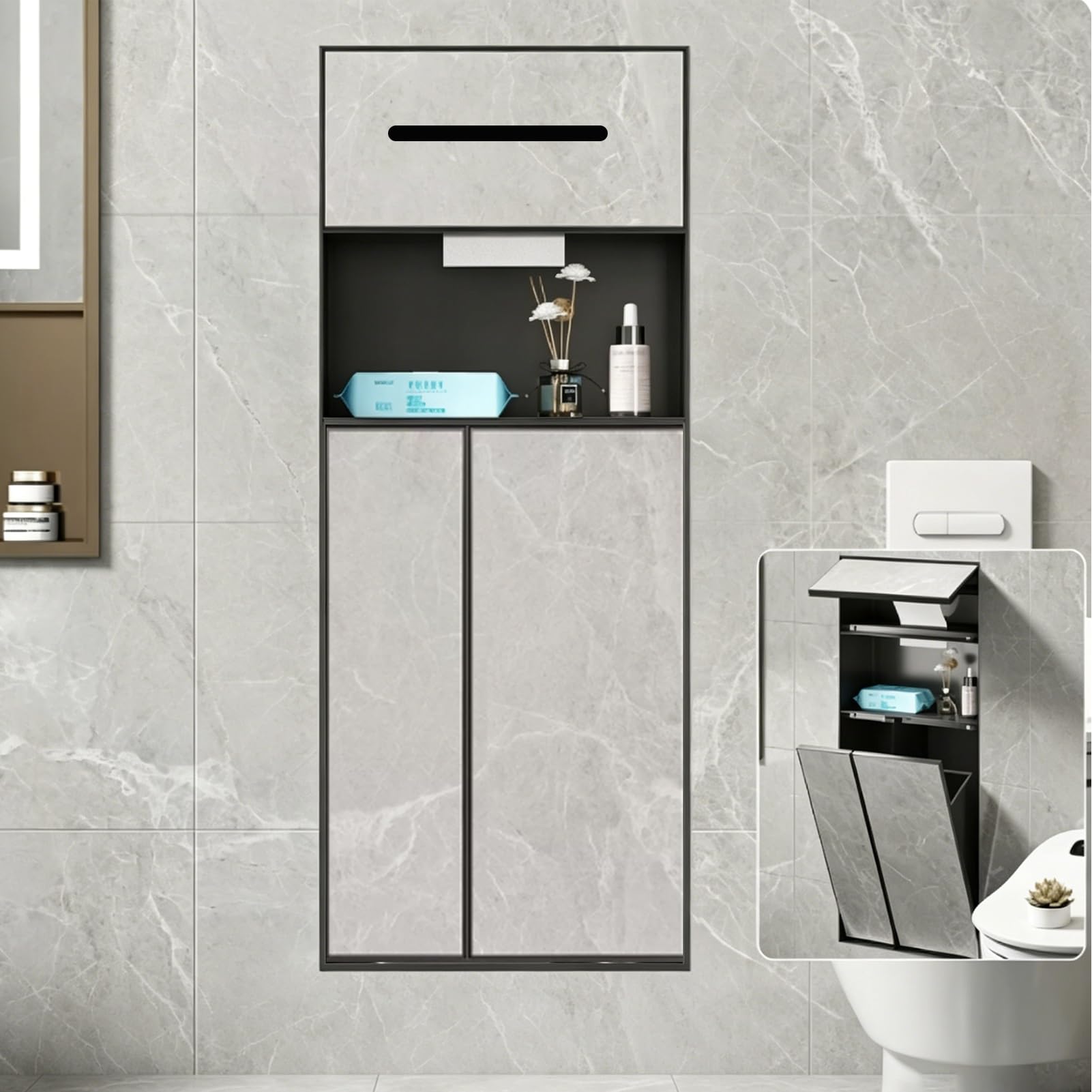 Recessed Toilet Brush Holder with Toilet Paper Holder and Cabinet, Tileable Hidden Bathroom Niche Black, Stainless Steel Shower Niche Wall Insert