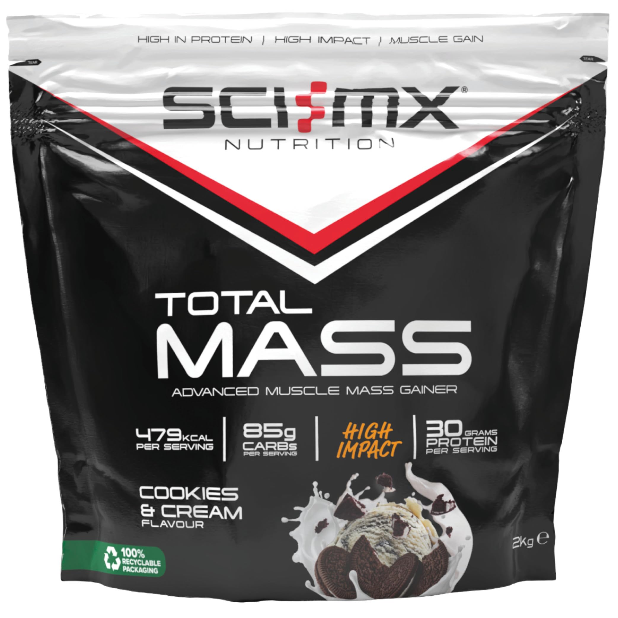 SCI-MX Total Mass - Advanced Muscle Mass Gainer Protein Powder - Muscle Growth & Weight Gain - Cookies & Cream • 30g Protein + 477 Calories per Serving • 2kg