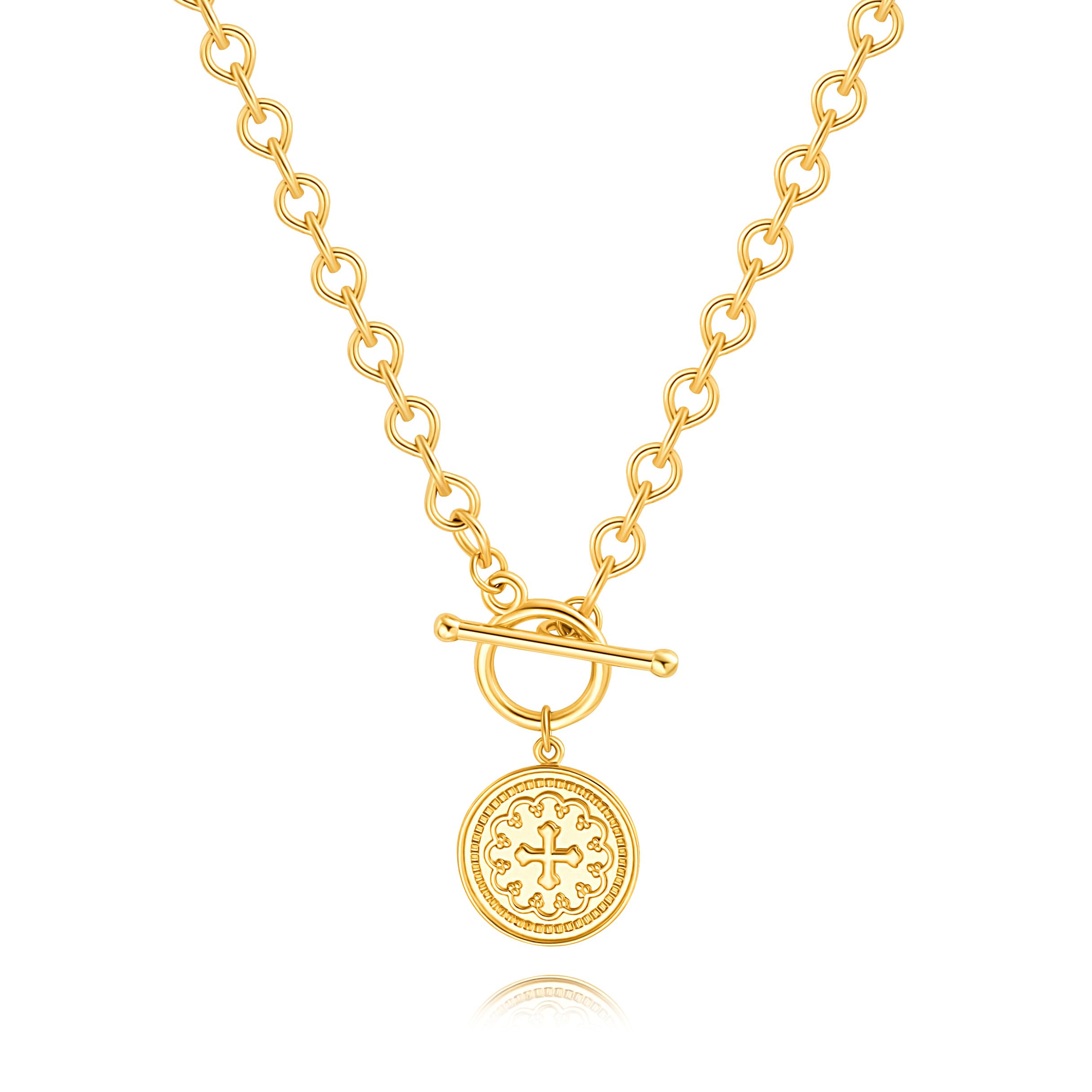 CANEVINKA Dainty Cross Medallion/Heart Pendant Chain Necklace 18K Gold Plated Oval Choker Fashion OT Toggle Jewelry Handmade for Women Simple Gold