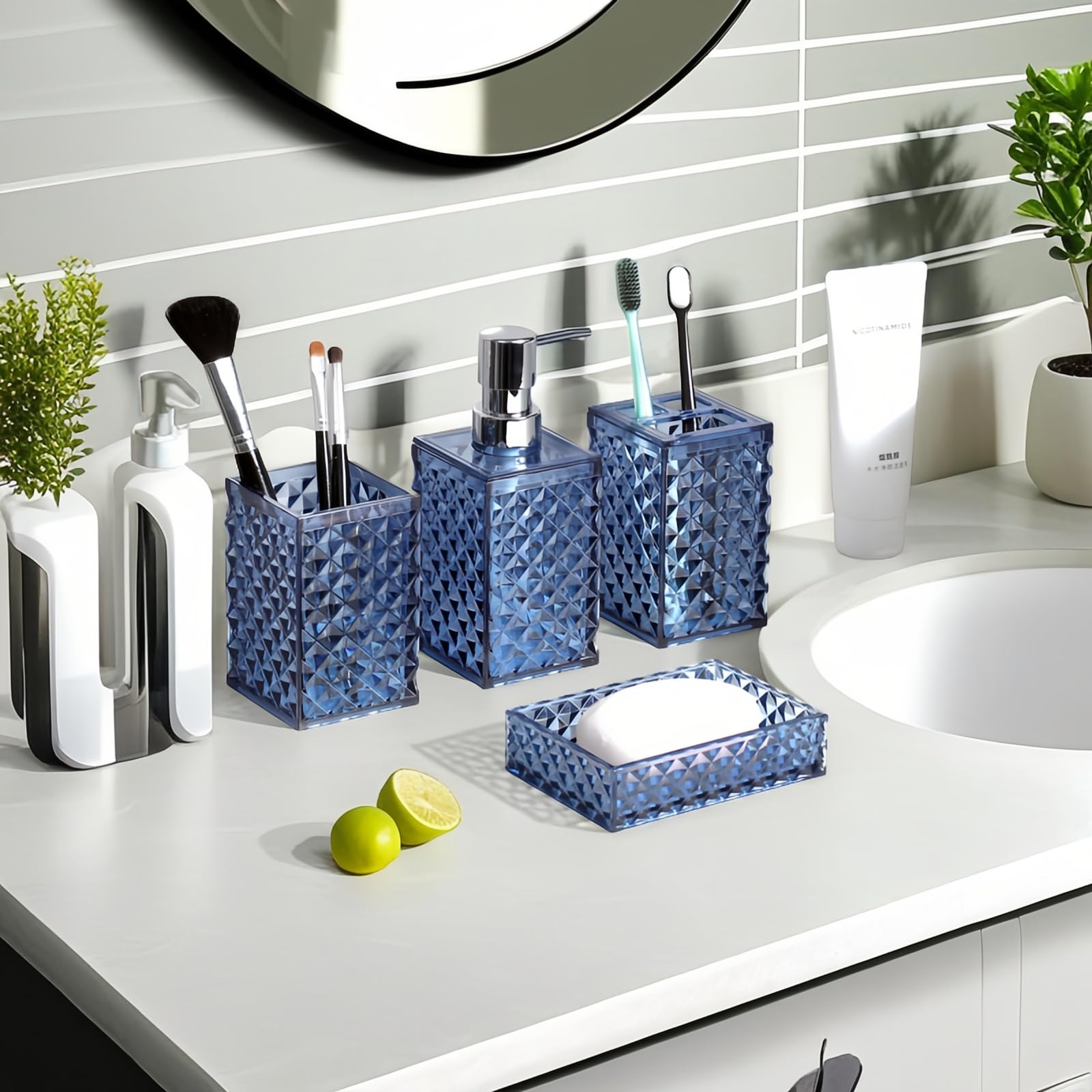 SiaBiced 4x Accessoires Salle De Bain Bleu Foncé - Distributeur Savon, Porte-Brosse à Dents, Gobelet Et Porte-Savon