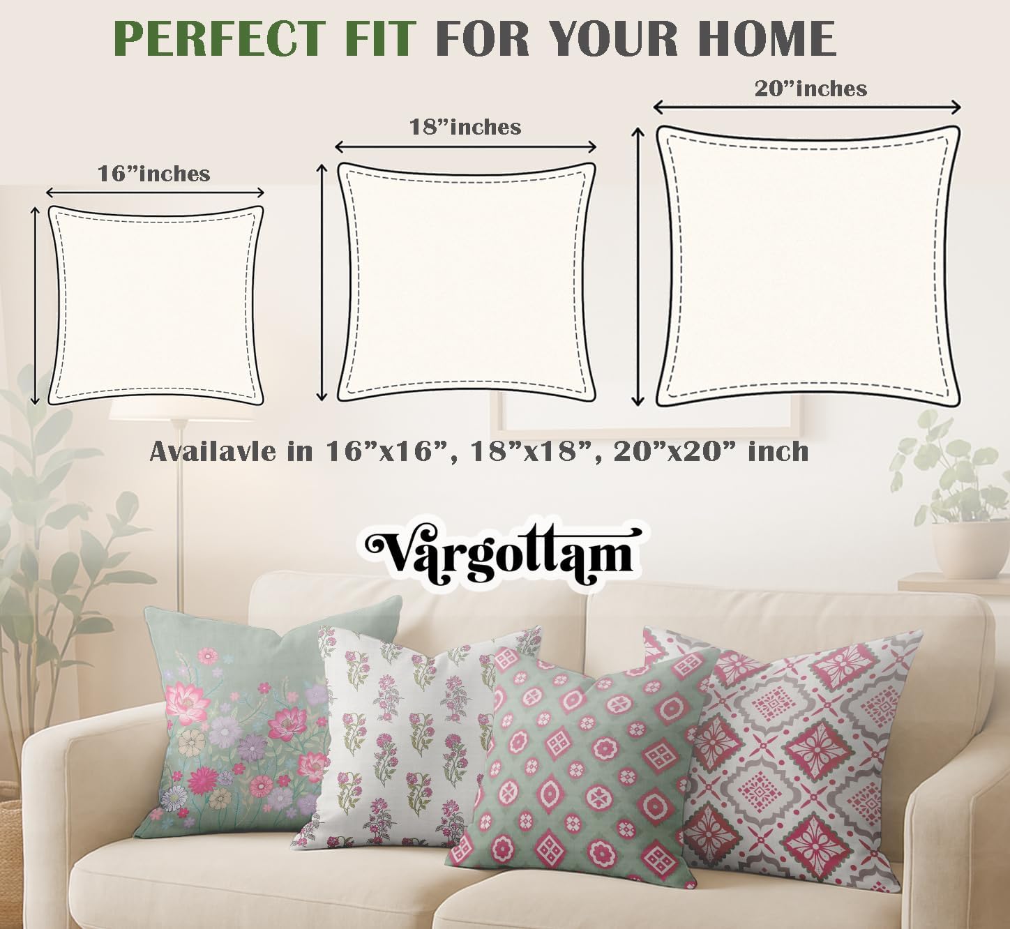 Set of 4 16x16 Cotton Cushion Covers - Decorative Reversible Pillow Covers with Concealed Zipper - Filler Not Included - Floral Print, Green