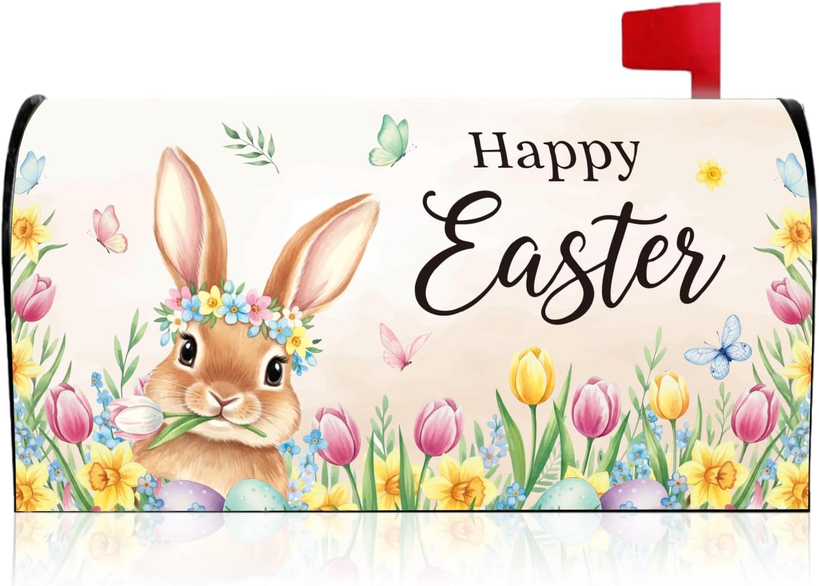Easter Mailbox Covers Magnetic Standard Size, Cute Bunny Flower Mail Box Cover with Magnet, Rabbit Eggs Post Letter Box Covers for Spring Holiday Outdoor Garden Yard Home Decoration 21"x18"