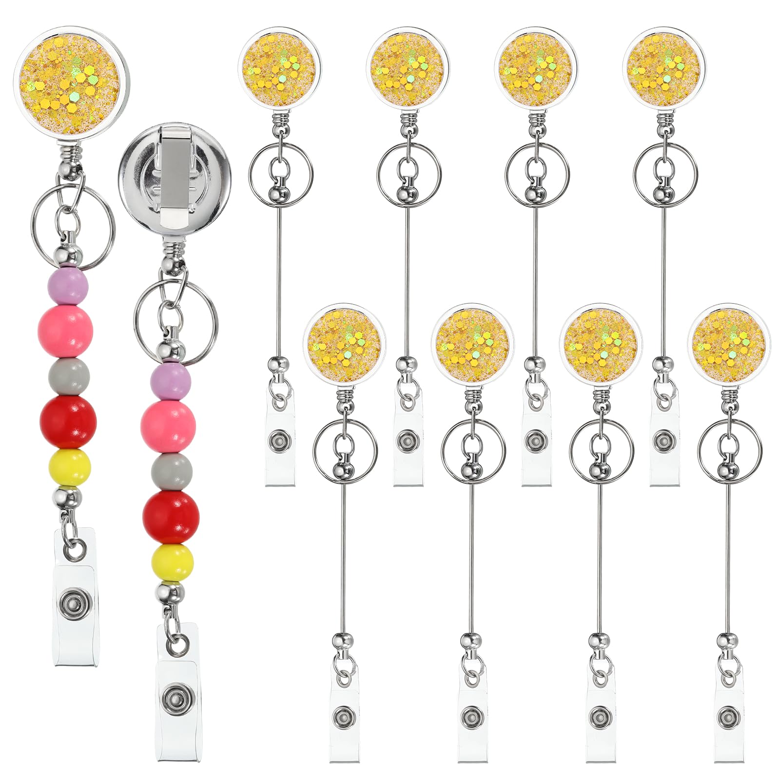 PATIKIL Beadable Badge Reels, 10 Pcs Bead Retractable Badge Holder, Retractable Bead Reel Keychain Blank Bar with Belt Clip for ID Name Key Teachers Office Workers DIY Gift, Gold