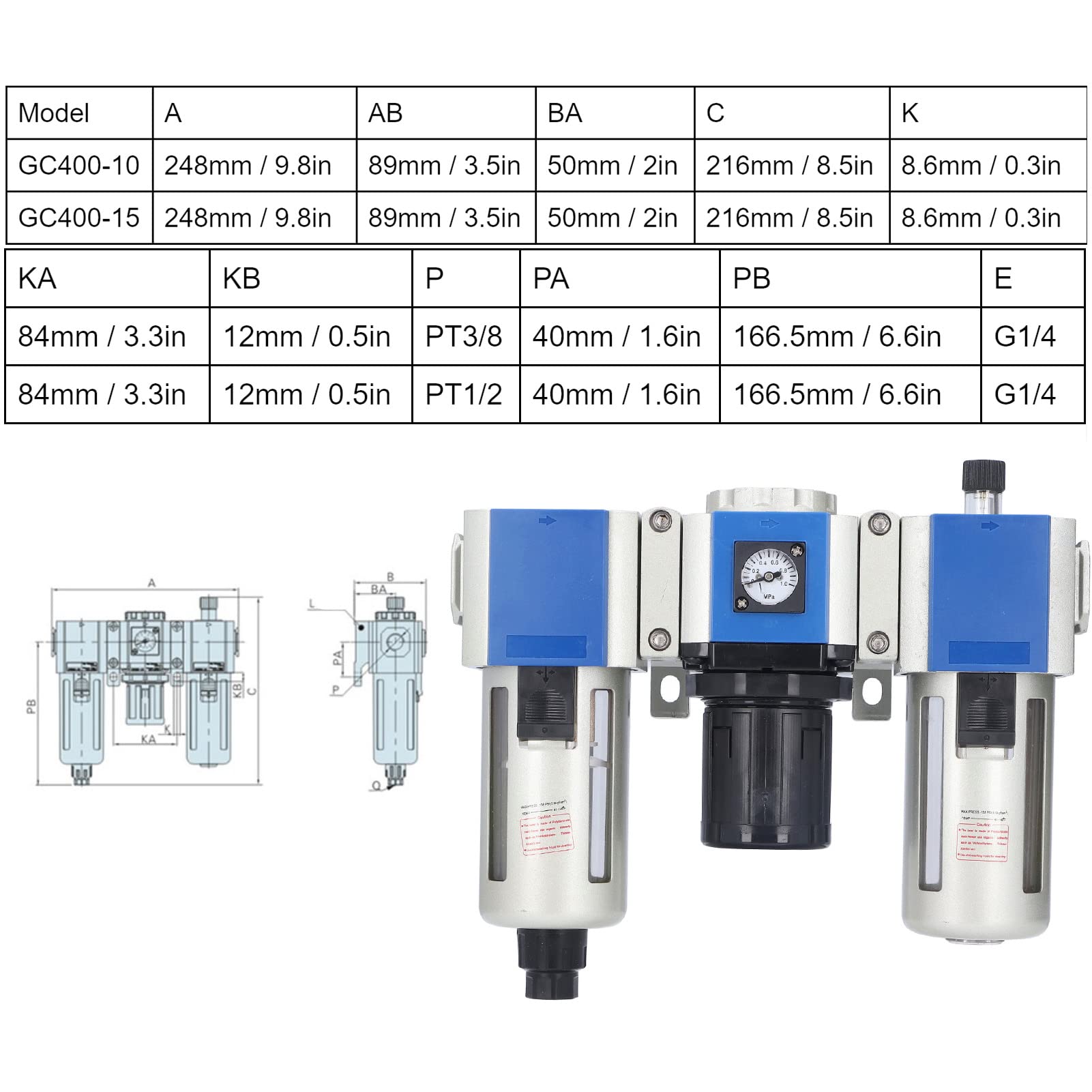 FTVOGUE Combinación de Lubricador Regulador de Filtro de Aire de 3 Etapas con Taza de Aceite de 160CC, Sellado de Espacios de Taza de Agua de 80CC para de Aire Comprimido (GC400-10)