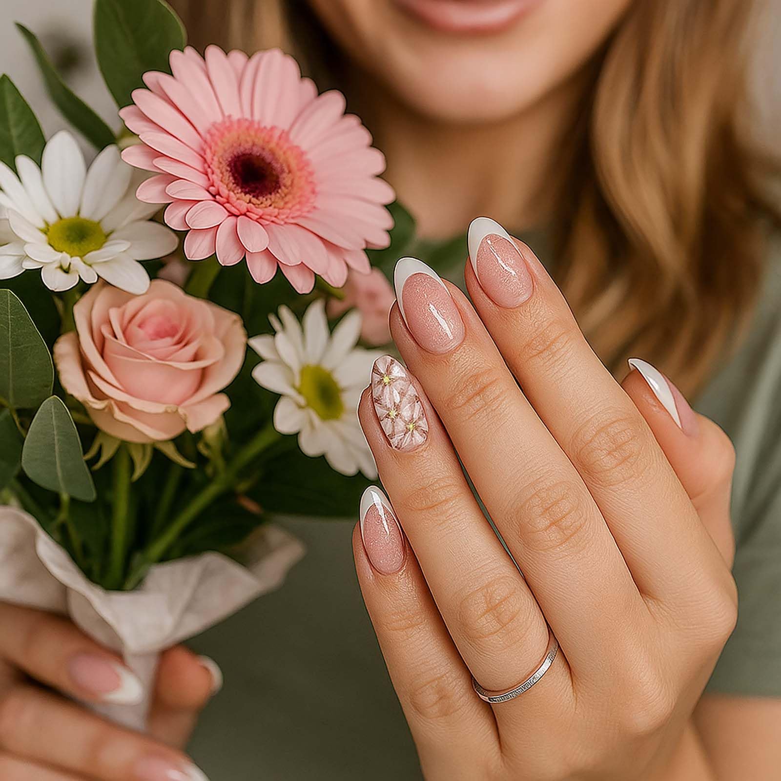 French Tip Press On Nails with Glitter & Floral Designs, Short Almond Shape False Nails Set - Image 3