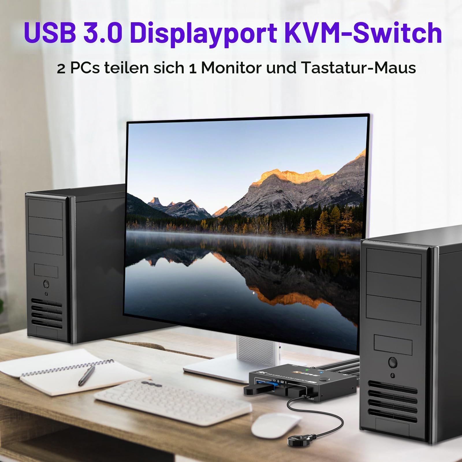 USB 3.0 KVM Switch Displayport 4K@144Hz | DP KVM Switch 2 PC 1 Monitor 8K@30Hz Teilen 4 USB 3.0 Geräten Tastatur Maus Monitor mit Wired Remote