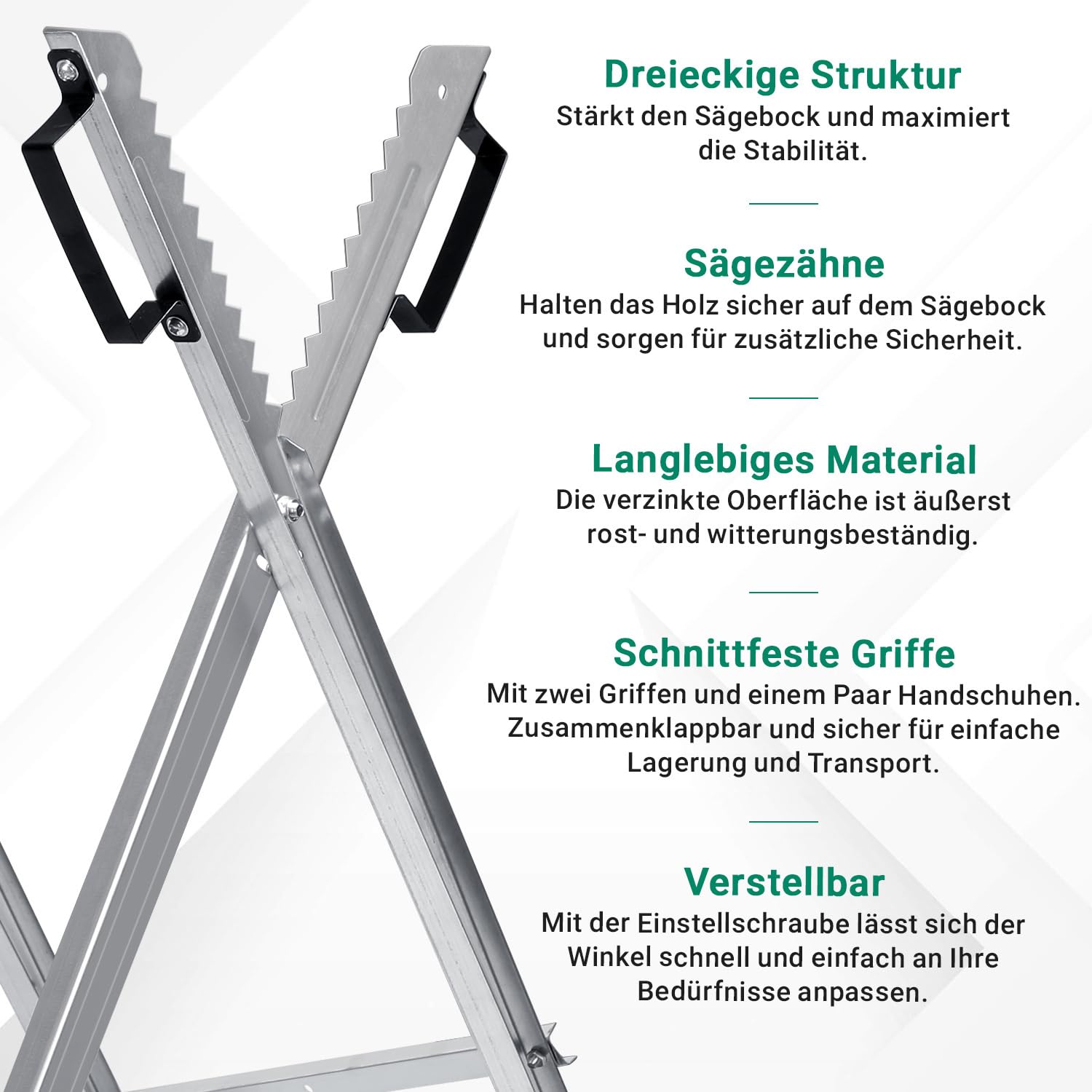 Chevalet de sciage en bois en acier galvanisé stable avec 4 supports de dents pliables jusqu'à 150 kg - Pour troncs d'arbre jusqu'à 23 cm de diamètre