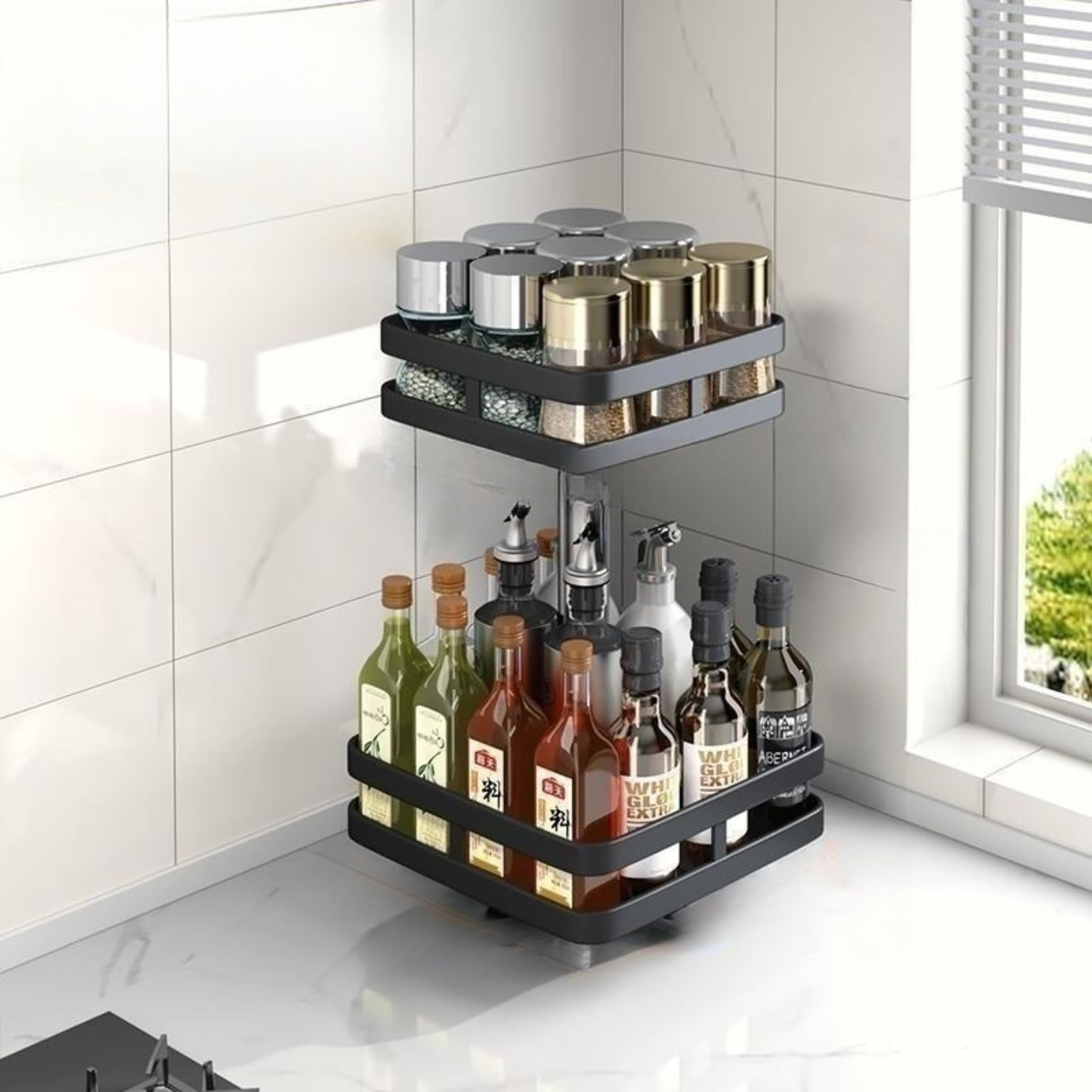 Drehbarer Organizer 2 Etagen Schwarz Küchenregal Stehend 360° Küchengewürzen Küchenregal Arbeitsplatte Eckregal Küche Gewürzregal Stehend Ohne Bohren Lazy Susan Bohren für Gewürzgläser, Kosmetik(W01)
