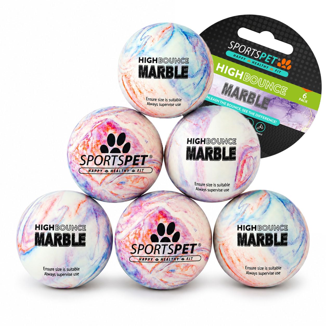 SPORTSPET High Bounce Rubber Dog Balls, PACK OF 6 (60mm) Marble Edition โ image 1