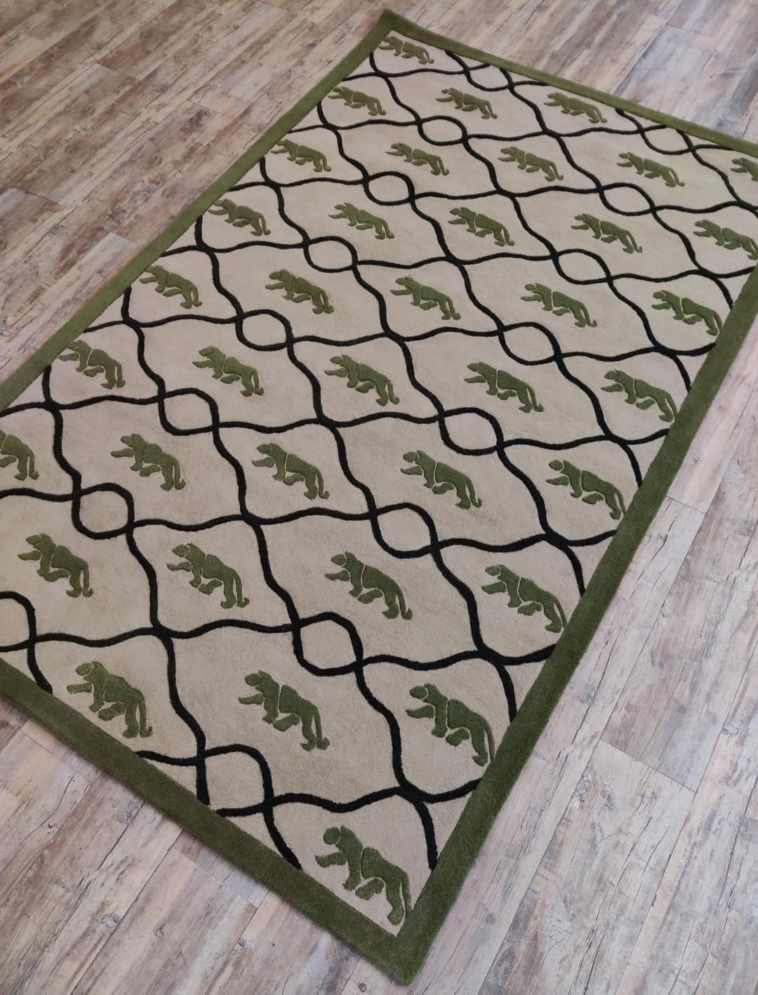 Area Rug with Panther Pattern, Beige and Green, Black Geometric Trellis Design, Hand-Tufted Wool (Beige, Size 12/18 feet)