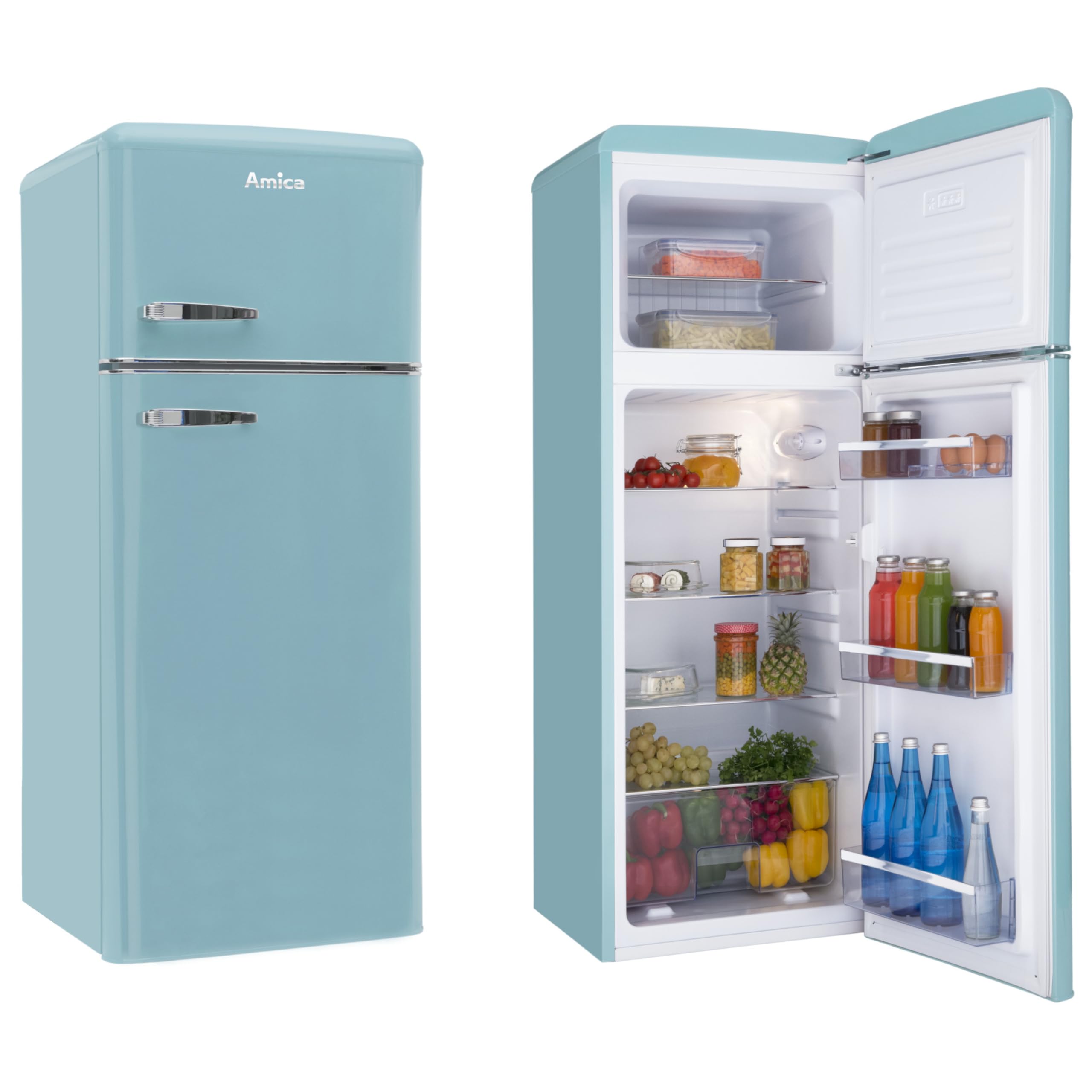 Amica KGC 15632 T Retro Kühl-/Gefrierkombination / Ice Blue (Türkis) / 144cm (H) x 55cm (B) x 62cm (T) / Retro-Design / Kühlschrank mit Gefrierfach