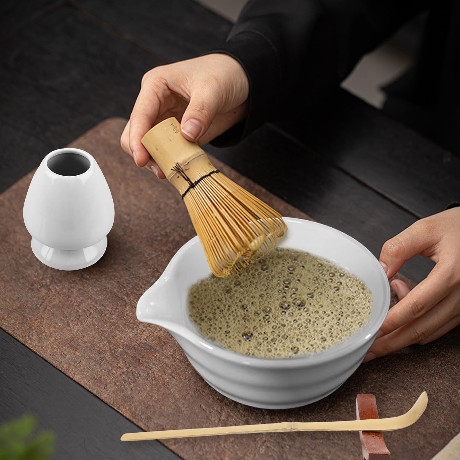 Kit Matcha En Céramique - Bol 500 Ml, Fouet Bambou, Cuillère, Porte-balai - Vert, Idéal Cadeau