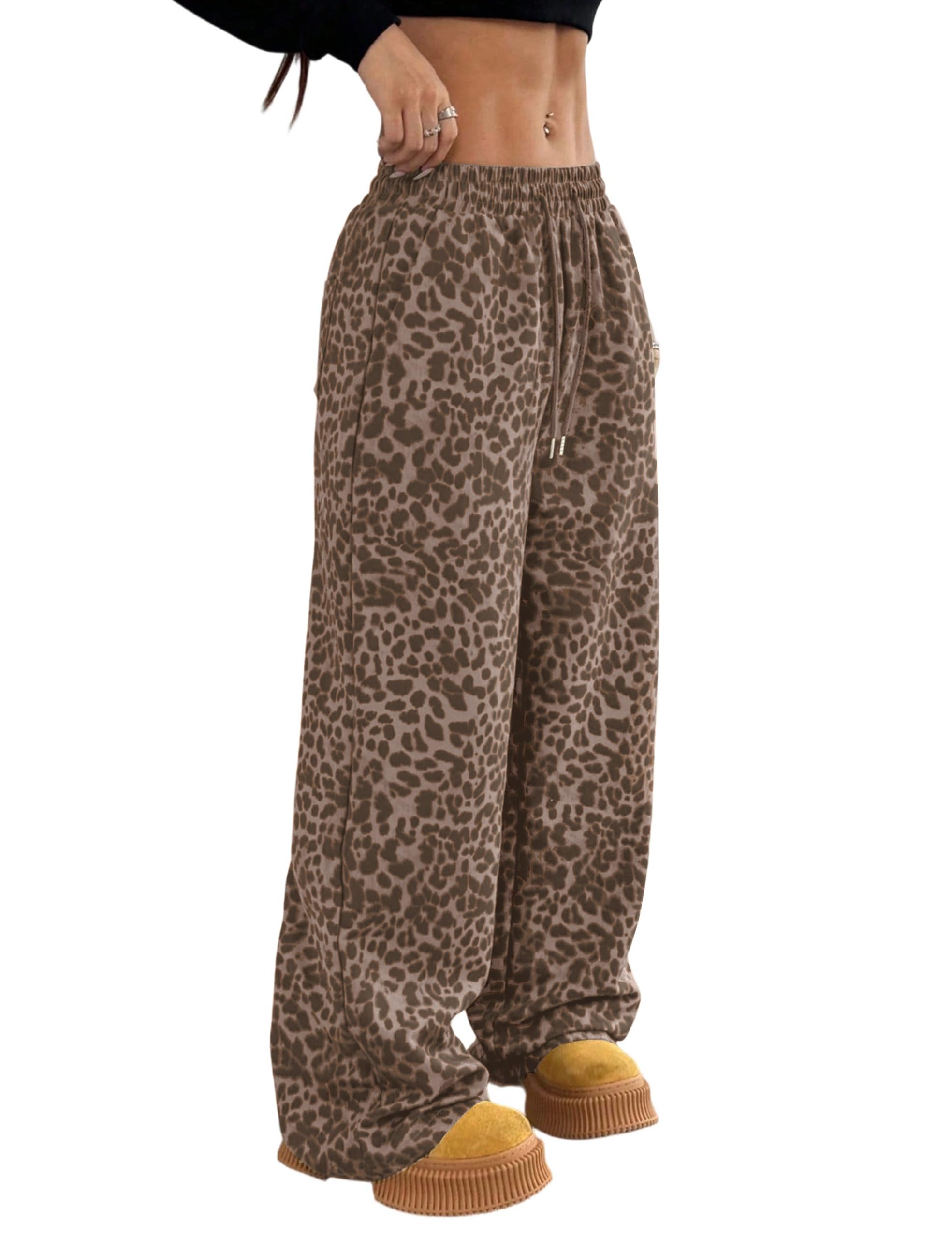 Womens Leopard Baggy Wide Leg Sweatpants Drawstring High Waisted Cheetah Print Lounge Barrel Trousers with Pockets