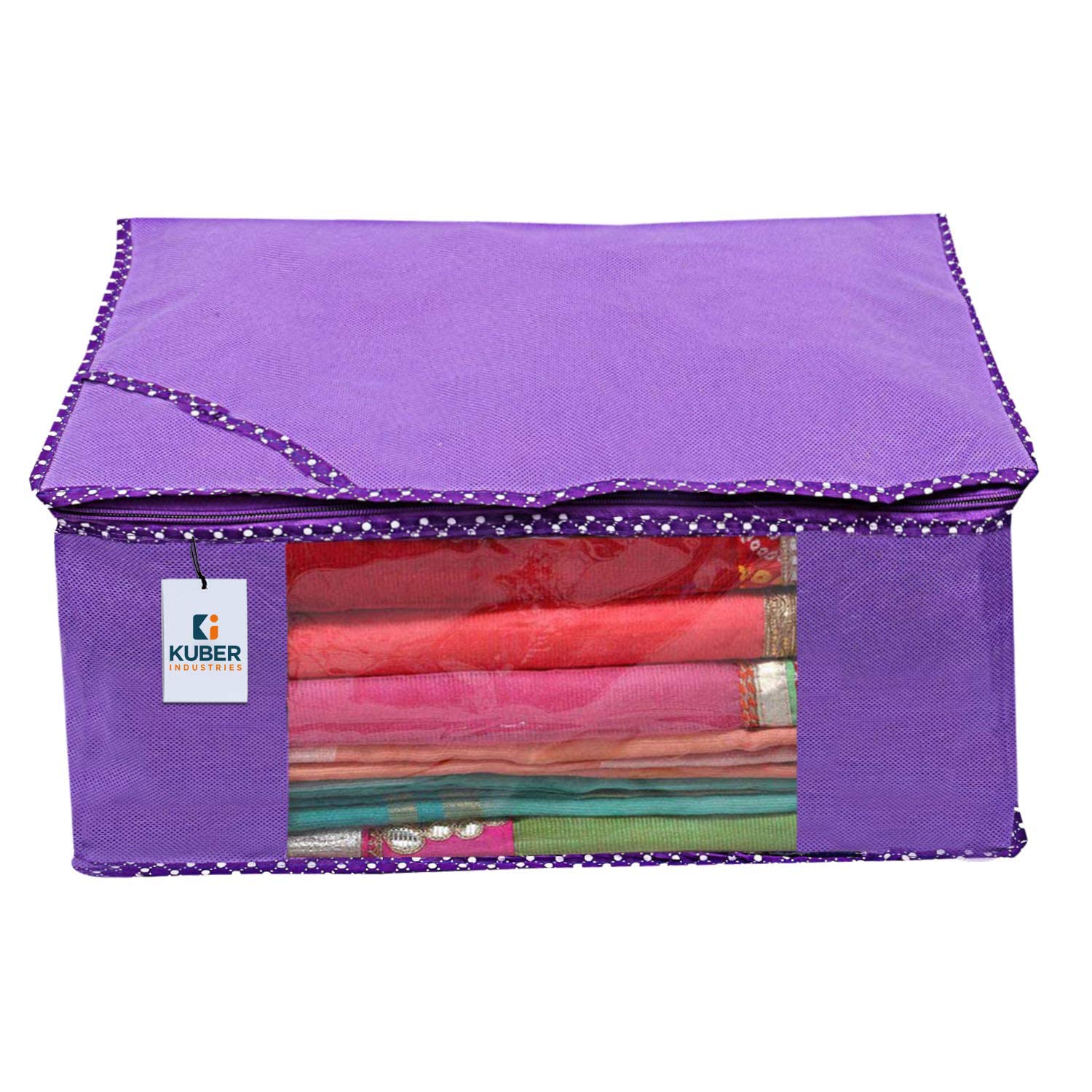 Kuber Industries Faltbare feste Sari-Abdeckungen mit Reißverschluss, Kleiderschrank-Organizer für Kleidung, transparentes Fenster, für 8 bis 10 Sari, geeignet für Lehenga, Anzug, Kleid, 9 Stück (lila)