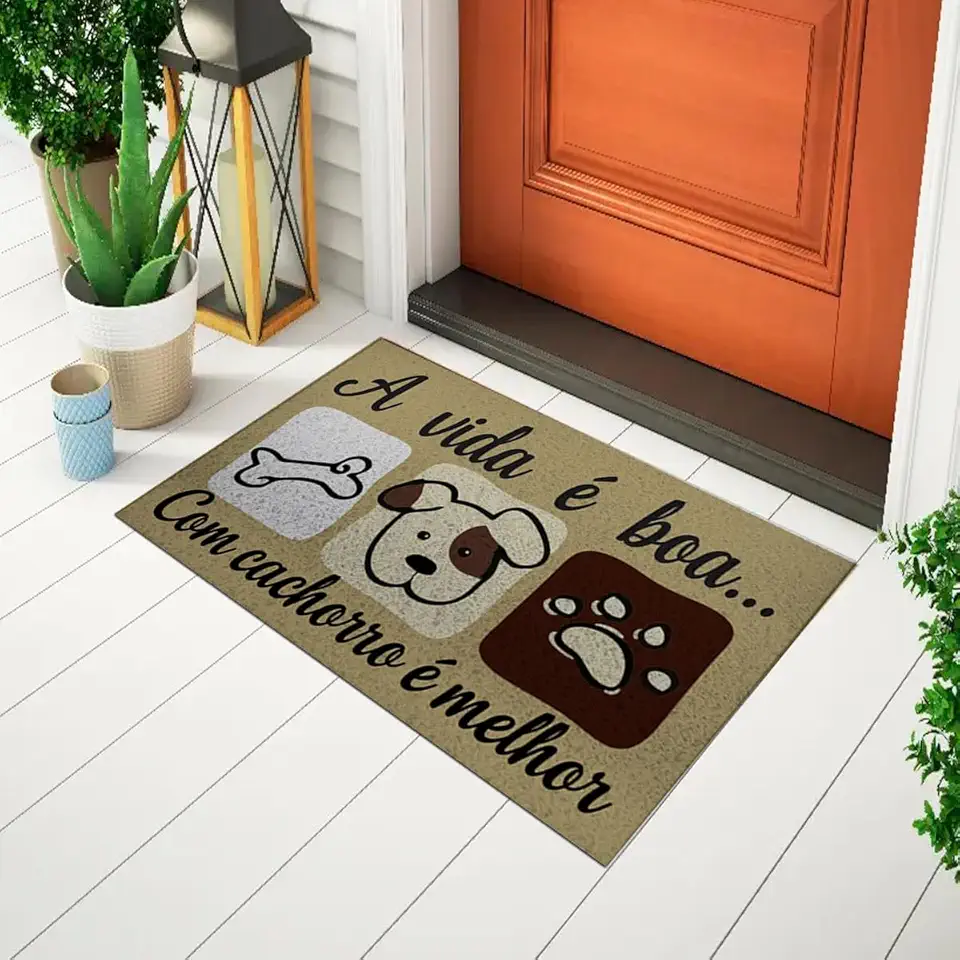 Tapete Capacho Divertido e Criativo Para Porta Estampado Pet - A Vida é Boa Com Cachorro Ca0401