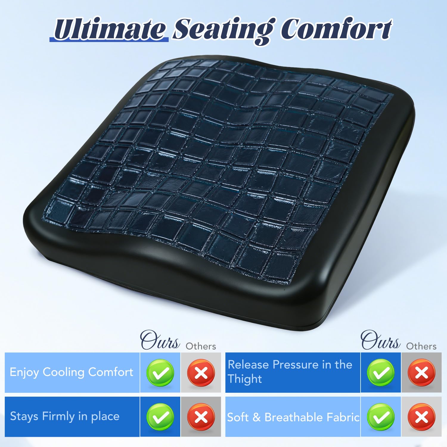 SKYNY Gel-Rollstuhl-Sitzkissen - Kühlendes Memory-Foam-Bürostuhlkissen mit rutschfester Unterseite & waschbarem Bezug, ergonomisches Autositzkissen für Ischias, Steißbein, Rückenkomfort (Schwarz)