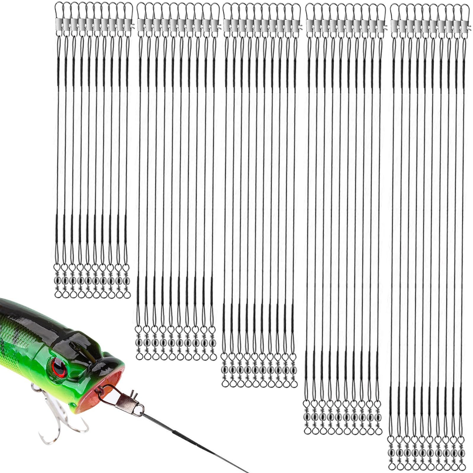Lote de 50 Bajos de línea de Acero para la Pesca del Lucio con Ganchos, 10 Unidades de Cada tamaño (10 cm, 15 cm, 20 cm, 25 cm, 30 cm)
