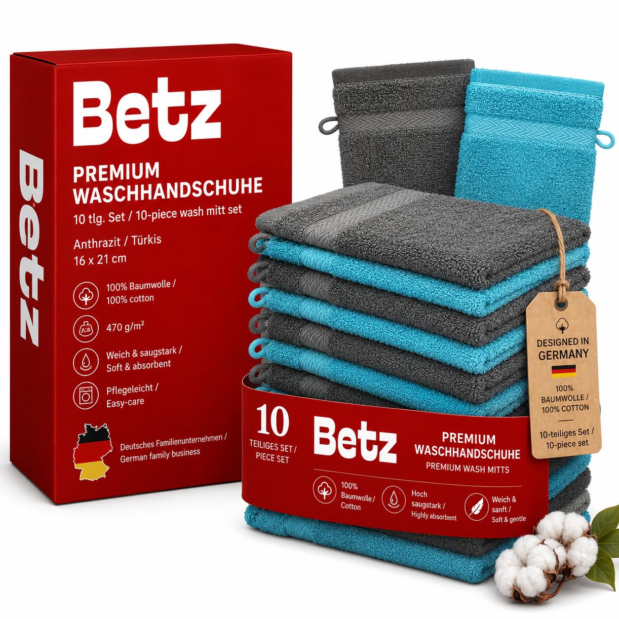 Betz Paquete de 10 Manoplas de baño Premium 100% algodón 16x21cm de Color Gris Antracita y Turquesa