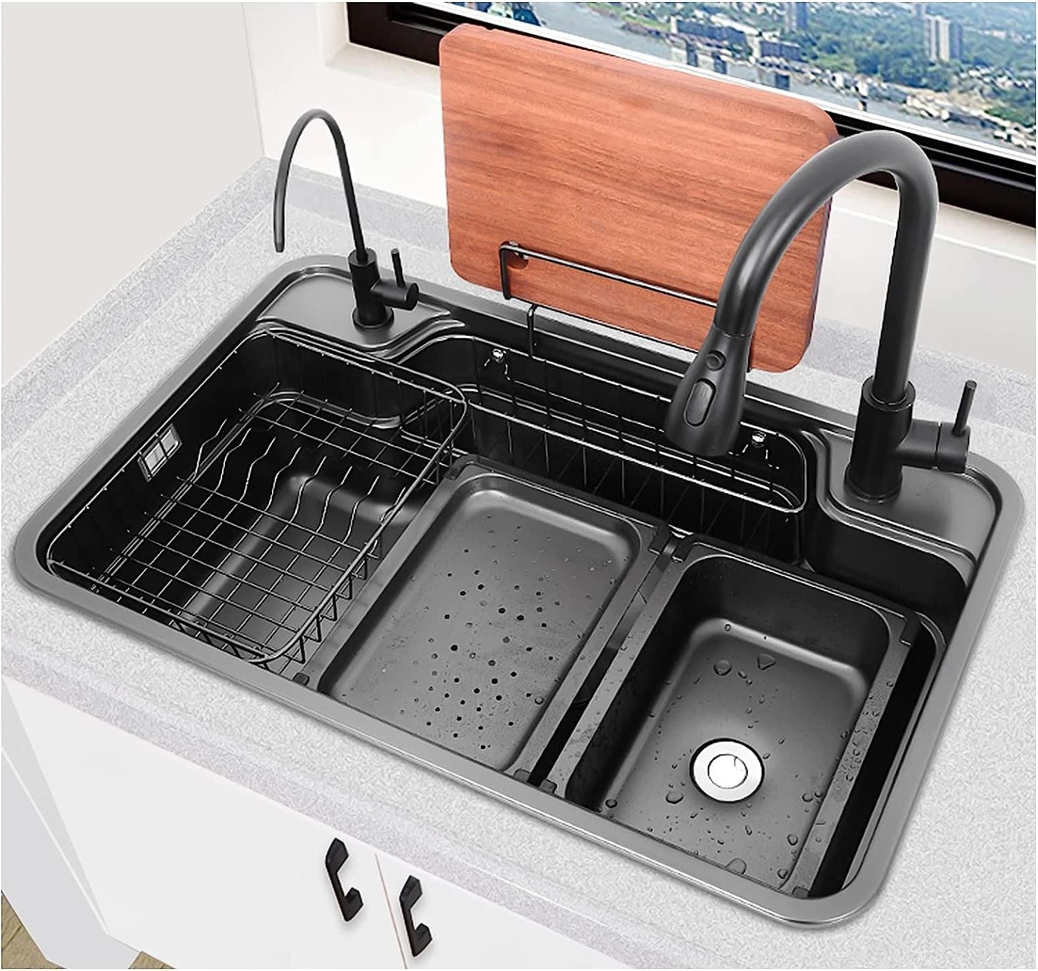 Fregadero De Barra De Cocina Negro Grande con Grifo Extraíble, Grifo Purificador, Kits De Drenaje E Instalación, Fregadero De Cocina De Un Seno De Acero Inoxidable Espesado 304, Fregadero De
