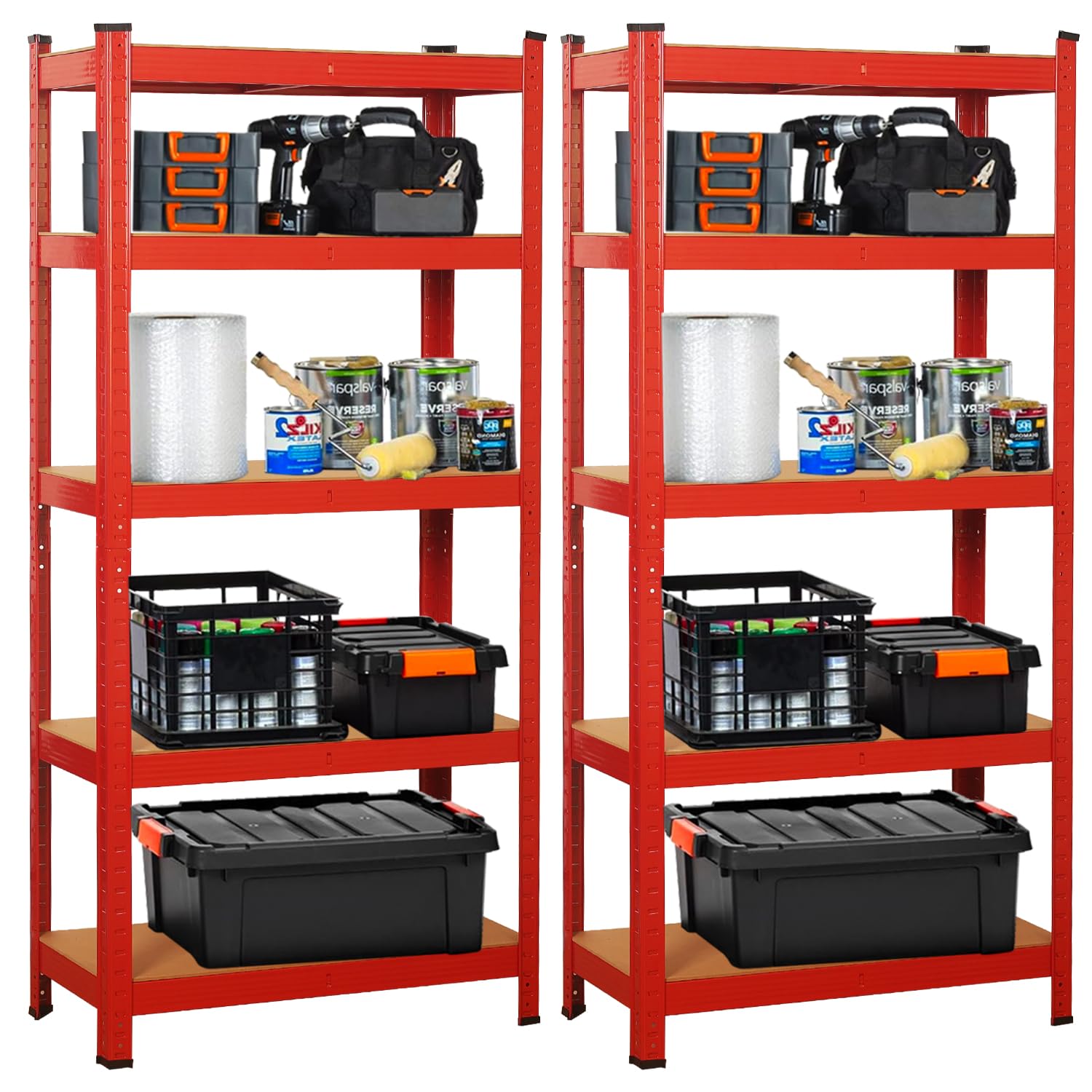 Signzworld 2er Set Schwerlastregal, Befestigungsmaterial 1750kg, 10 Verstellbare Ablagen, Kellerregal Lagerregal Steckregal Metallregal Werkstattregal (Rot, 90x40x180cm)