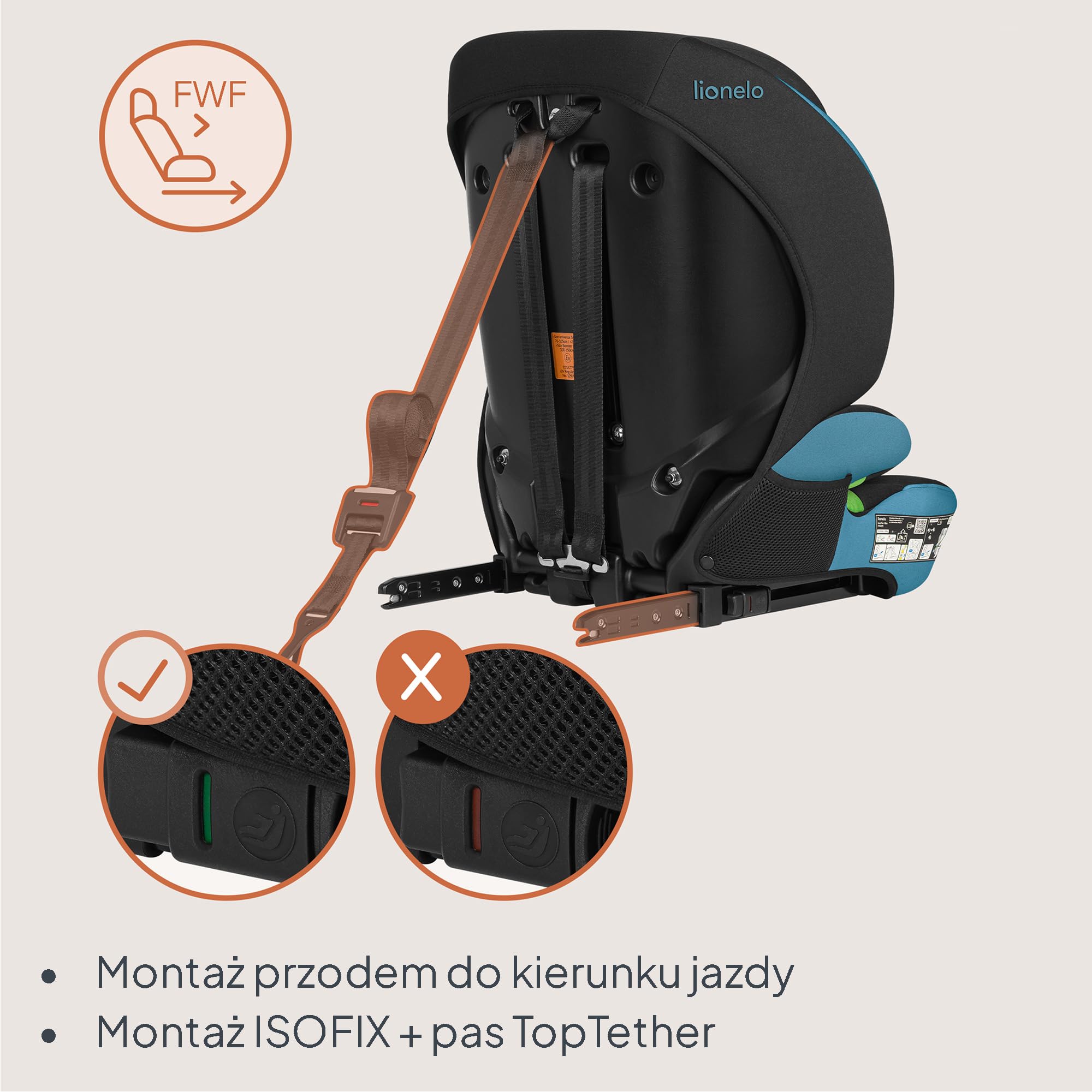 LIONELO LEVI FIX I-SIZE Dziecięcy Fotelik Samochodowy 76-150 cm do 36 kg, Grupa 1 2 3, Ochrona Boczna, 10 stopni Regulacji Zagłówka, Montaż ISOFIX i pas Top Tether, R129 i-Size