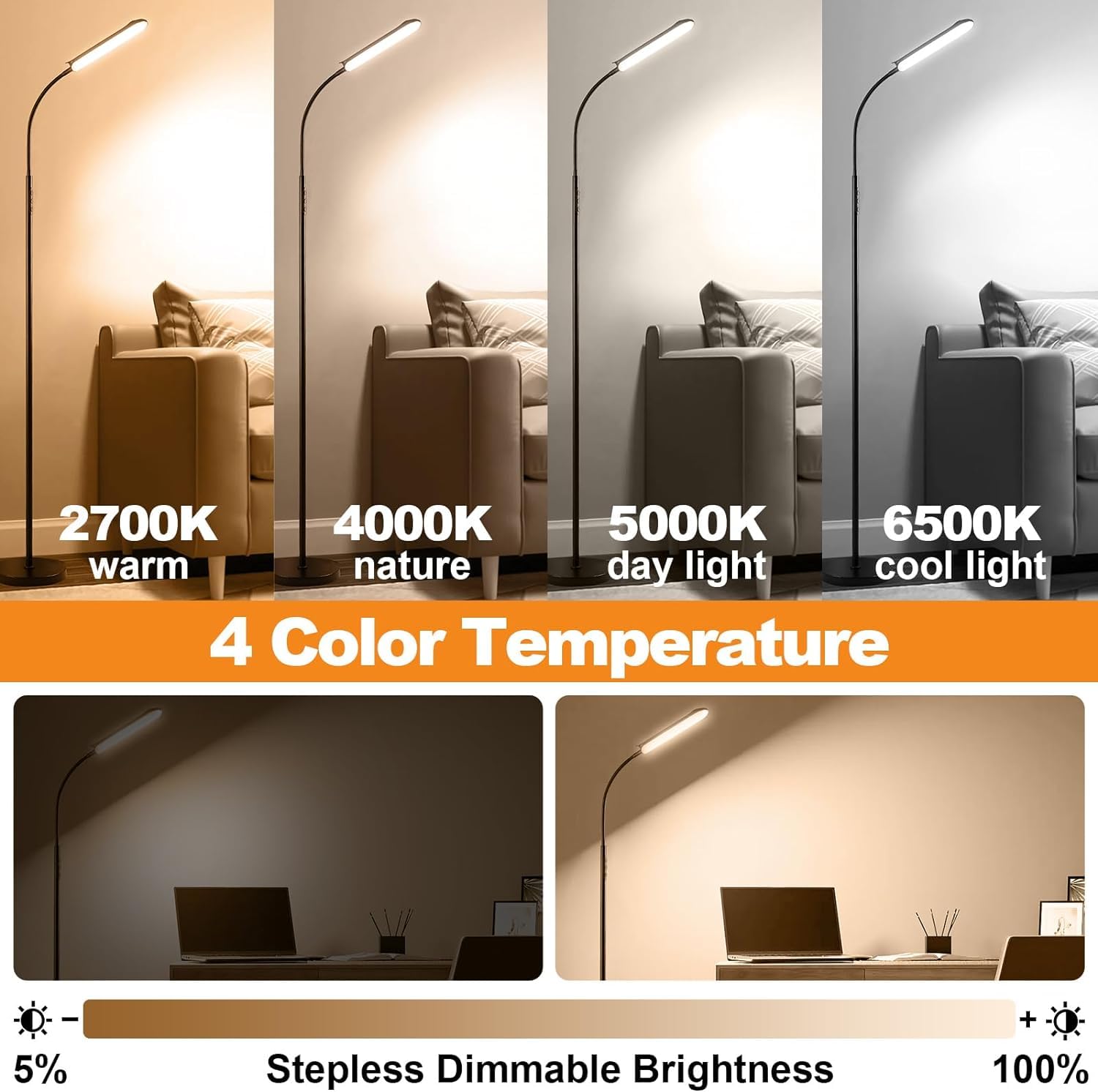 LED Uplighter Floor Lamp Adjust freely, 18W 1800LM Dimmable Floor Standing Lamp with Remote & Touch Control - Image 3