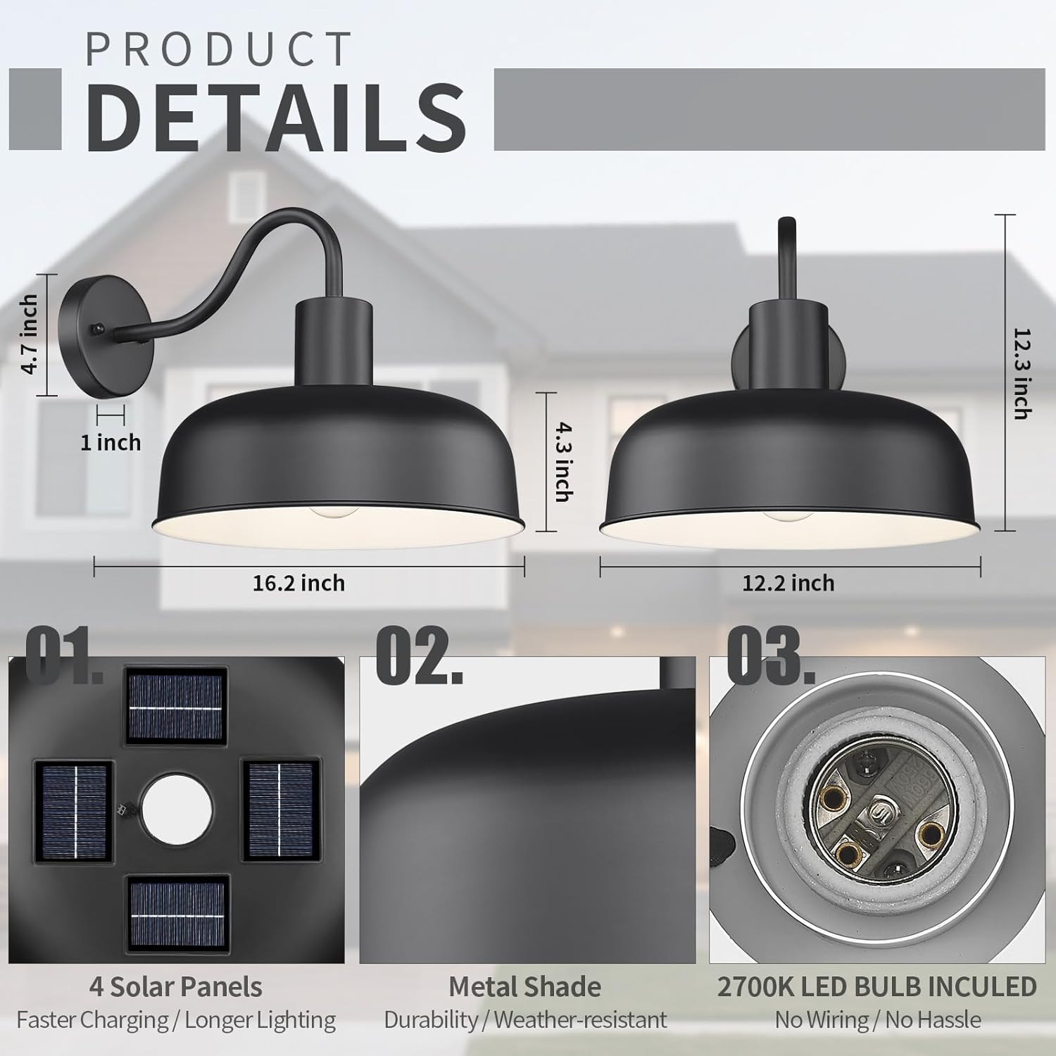 Darkaway Solar Barn Light for Outdoor, Dusk to Dawn Outside Wall Lights Solar Powered, Industrial Gooseneck Black Exterior Wall Sconce for House Porch Garage