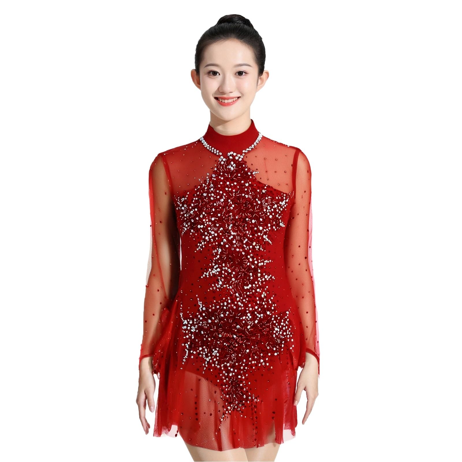 Girl's Long Sleeves Figure Skating Dress with Rhinestone, Women's Handmade Ice Skating Dress for Competition(Medium) Red