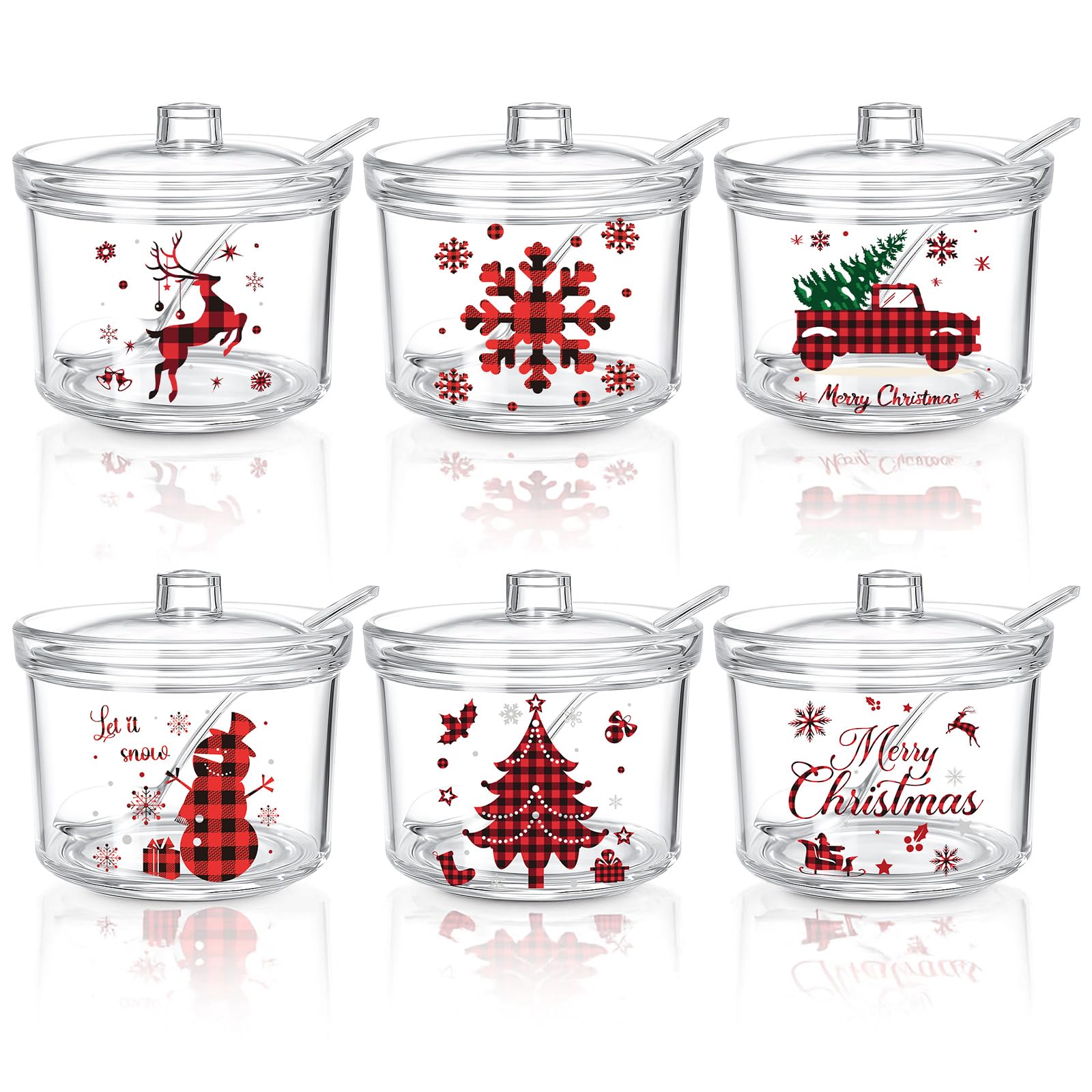 Roshtia 6 Pcs Christmas Hot Cocoa Bar Supplies Buffalo Plaid Hot Chocolate Acrylic Sugar Bowl with Lid and Spoon Christmas Tree Snowman Snowflake Sugar Jars for Home Coffee Bar Holiday Party